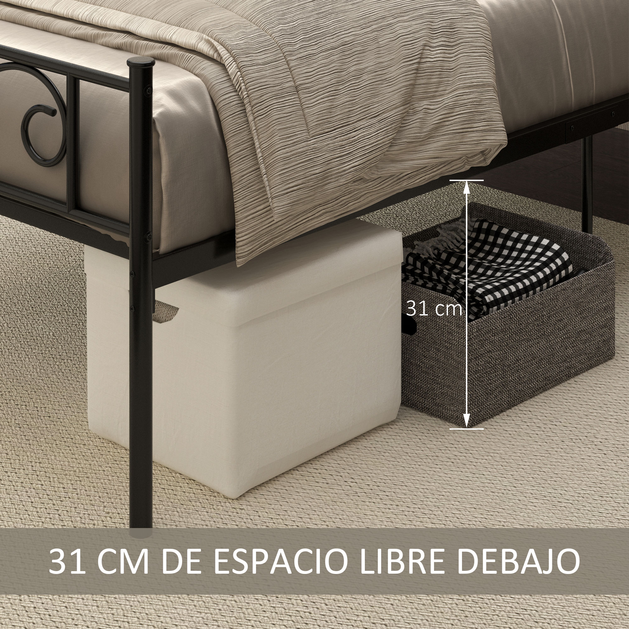 Cama con marco de metal negro muestra 31 cm de espacio libre debajo con cajas de almacenamiento.