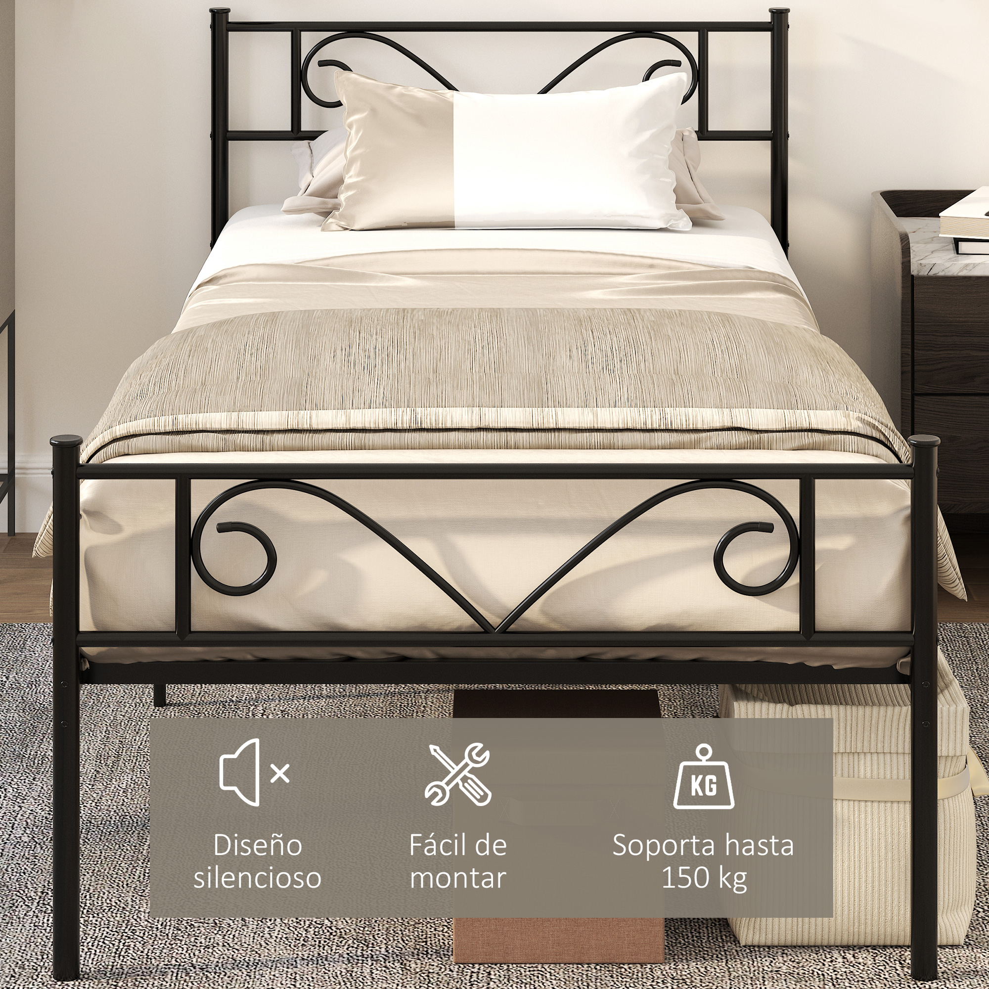 Una cama de metal negro con ropa de cama beige, almohadas e iconos informativos en primer plano.