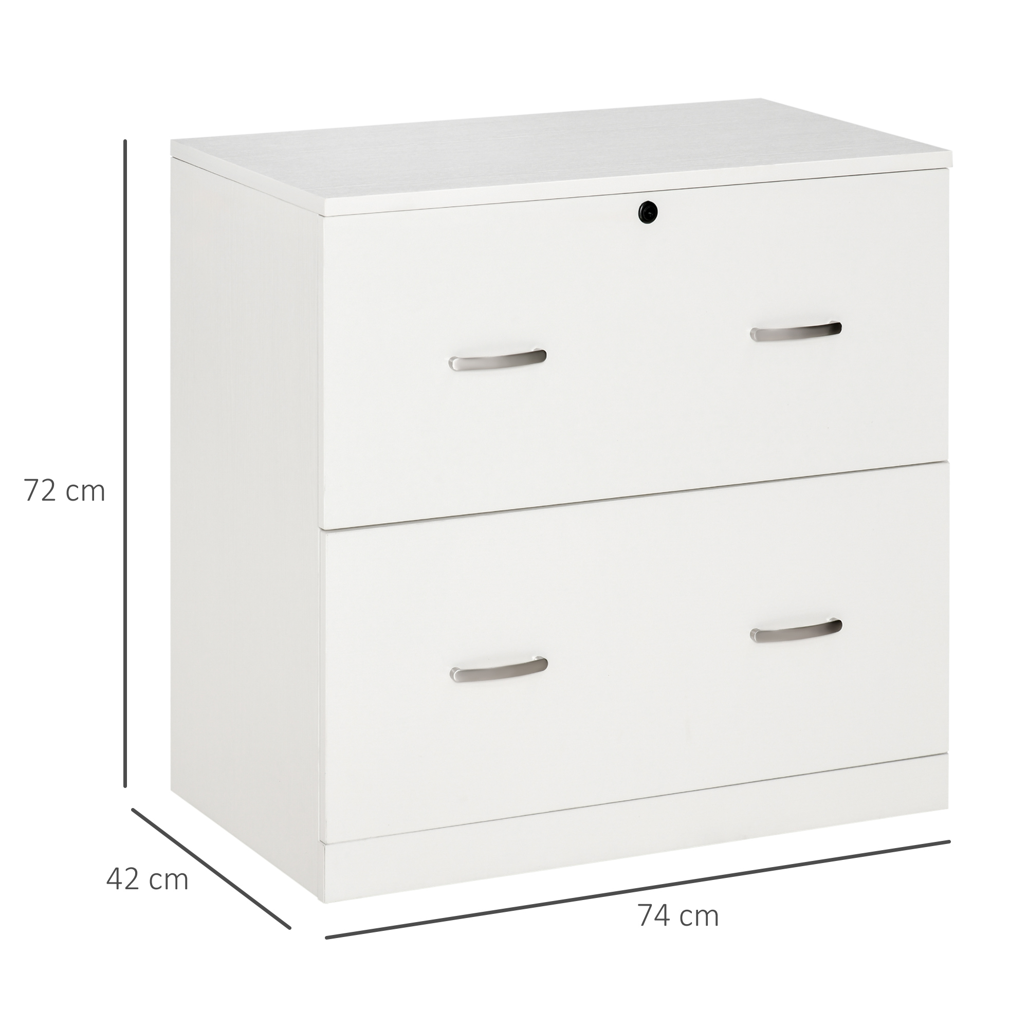 Archivador blanco de dos cajones con tiradores metálicos. Altura 72 cm, ancho 74 cm, fondo 42 cm.