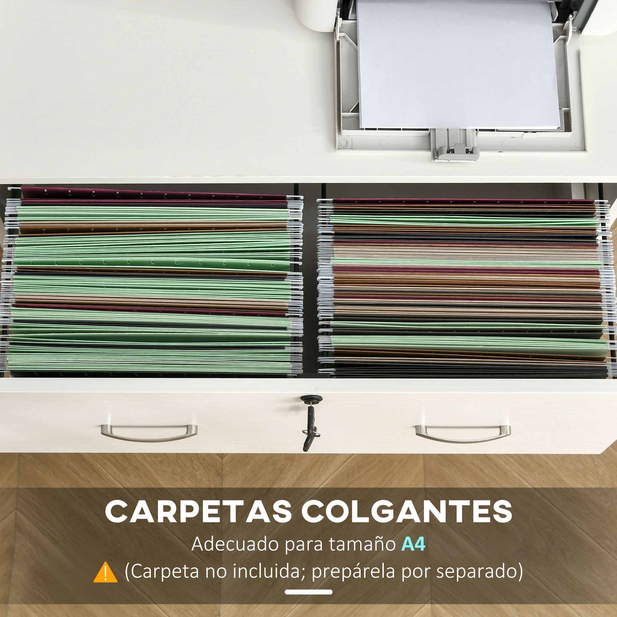 Un cajón de oficina blanco abierto lleno de carpetas colgantes coloridas, con una impresora encima.