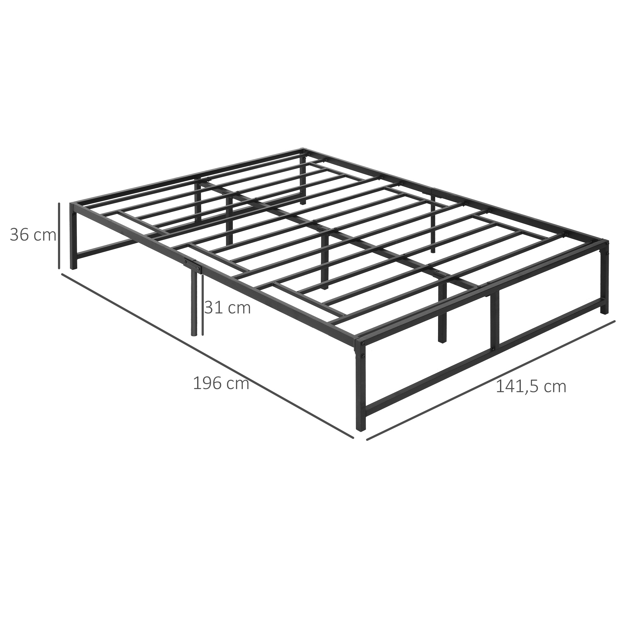 Estructura de cama de metal negro con dimensiones de 36 cm de alto, 196 cm de largo y 141,5 cm de ancho.