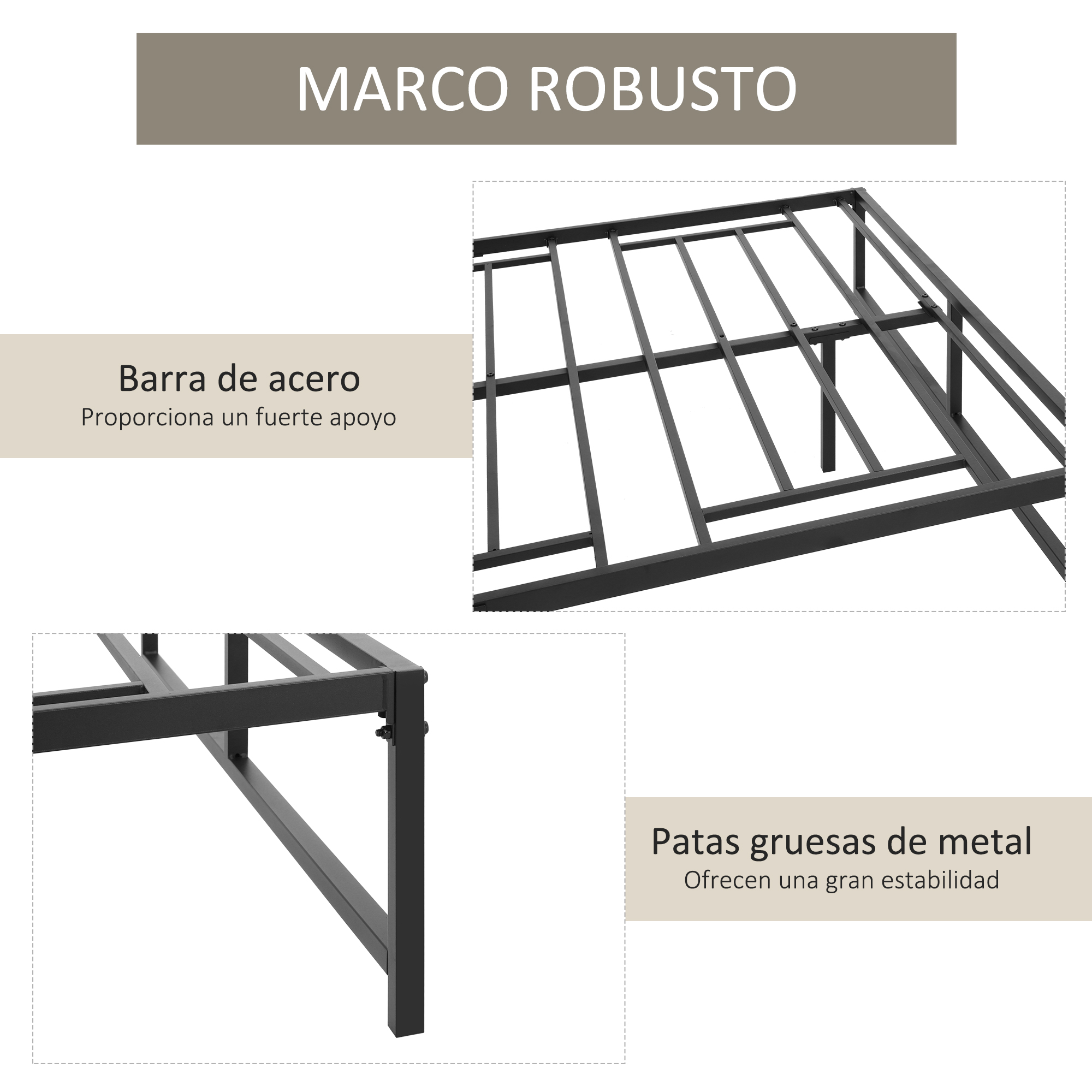Marco de cama de metal resistente con barras de acero y patas gruesas para estabilidad.