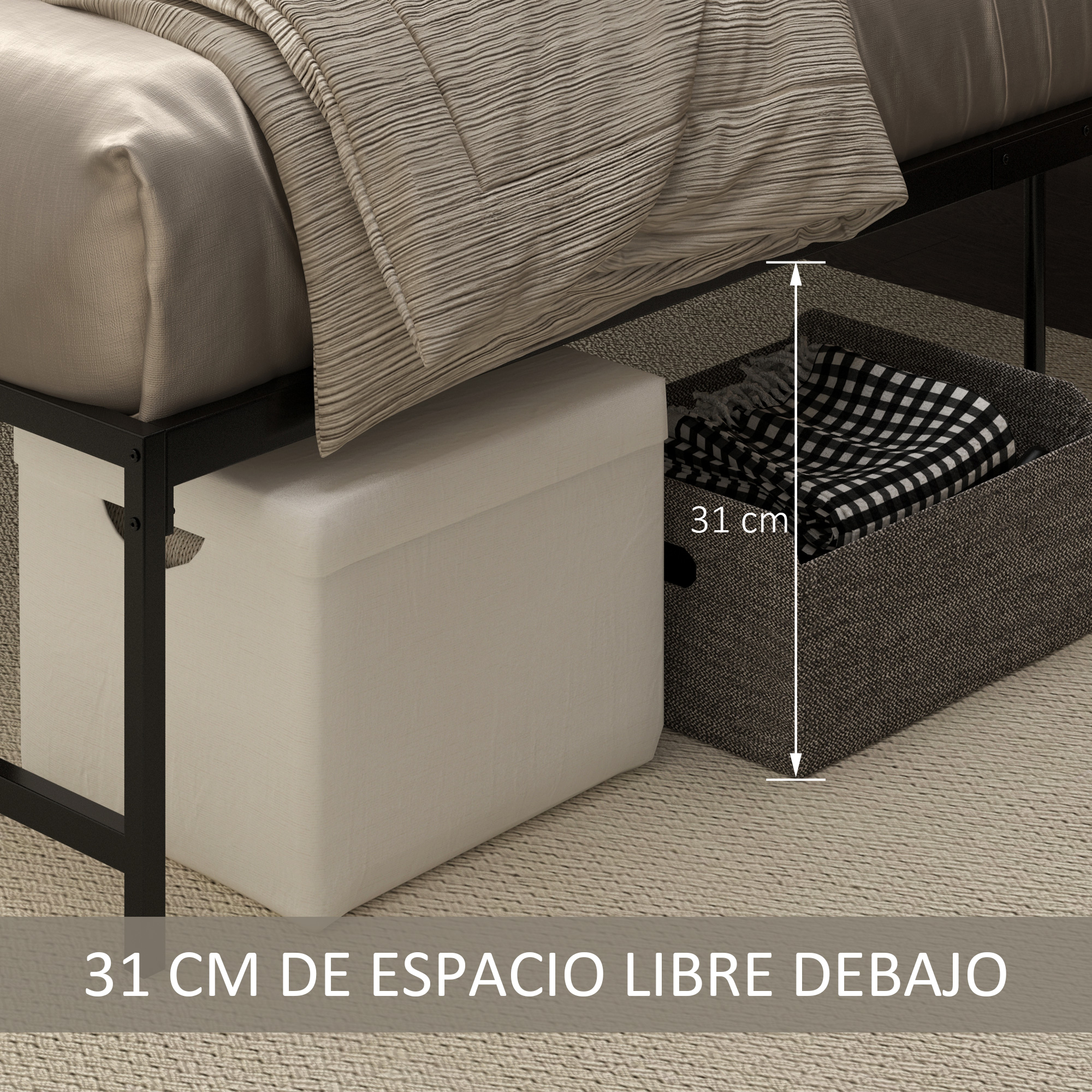 Una estructura de cama con 31 cm de espacio libre debajo, con una caja blanca y una cesta oscura.