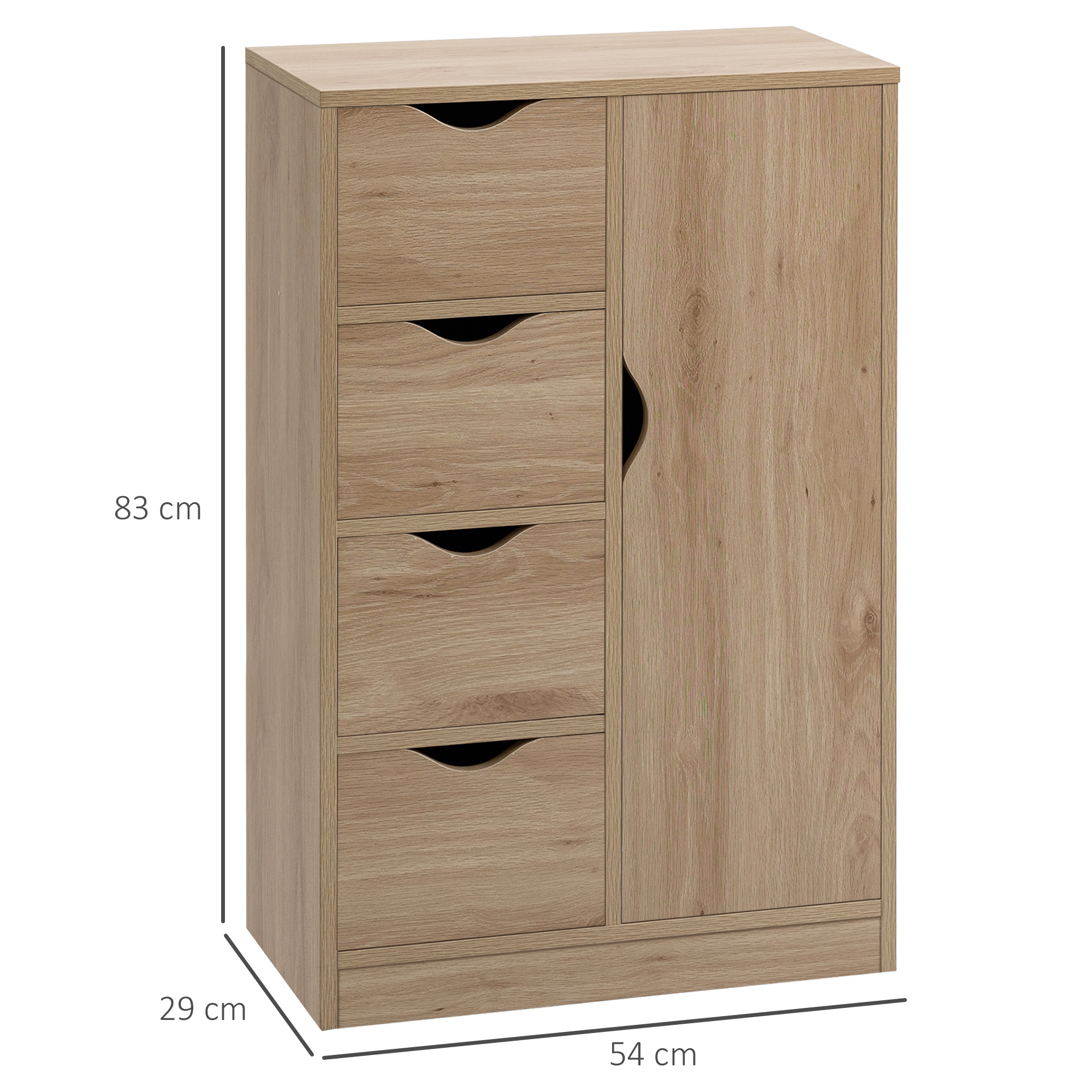 Armario color madera con cuatro cajones y una puerta, de 83x54x29 cm.