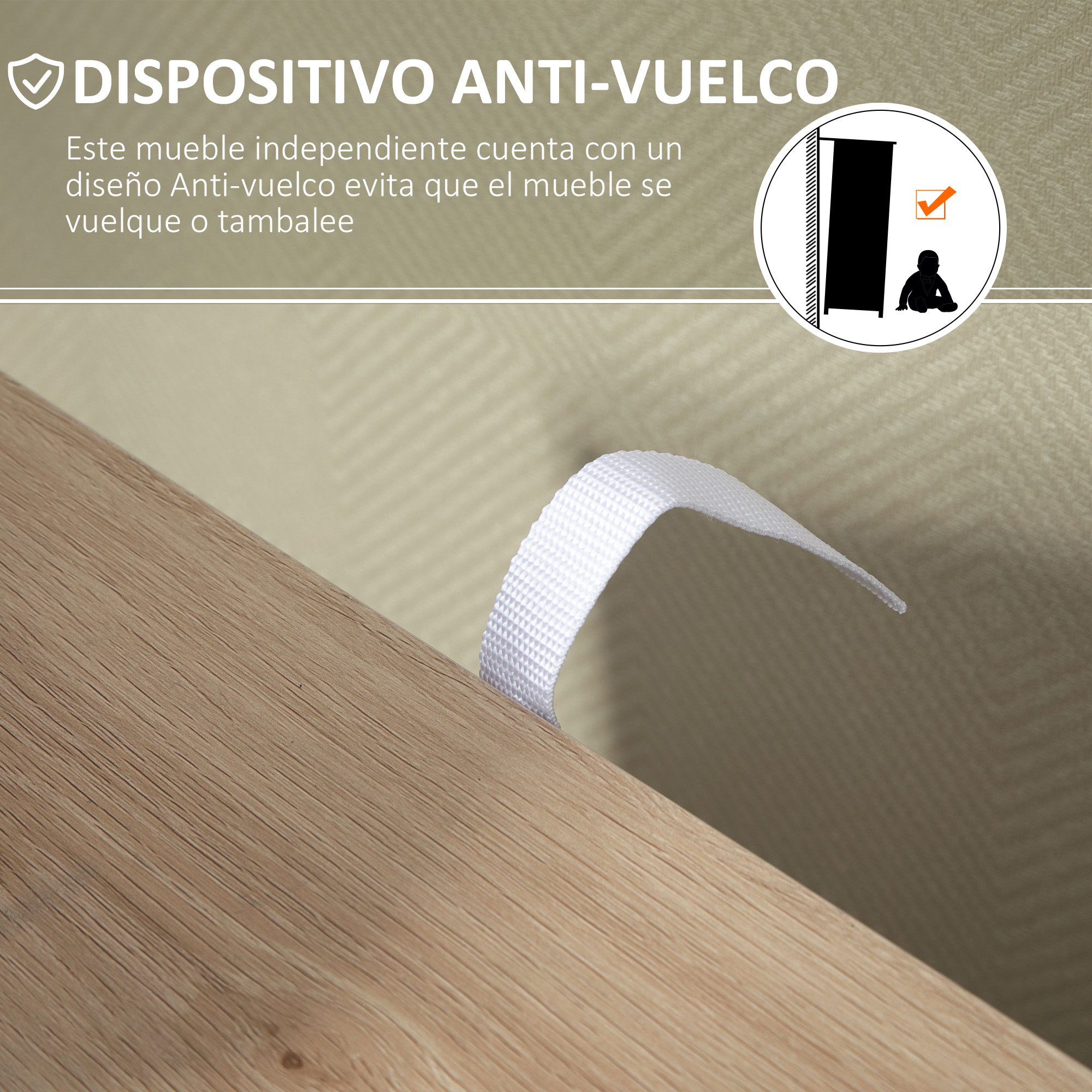 Correa antivuelco unida a un mueble de madera para seguridad.