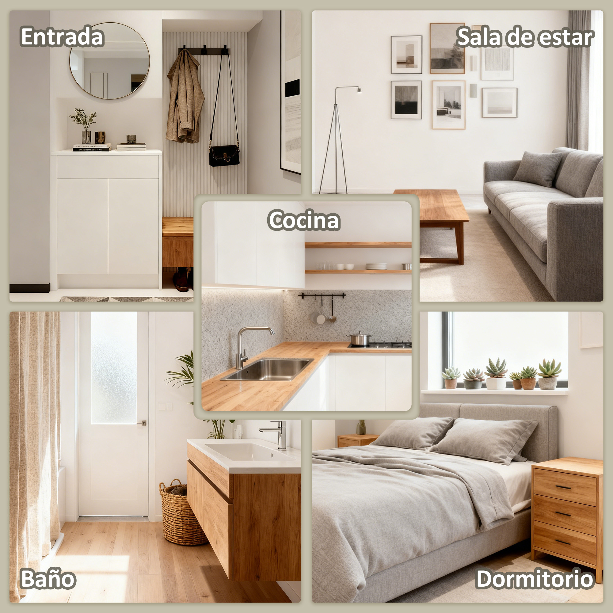 Collage de cinco espacios interiores minimalistas: recibidor, sala de estar, cocina, baño y dormitorio.