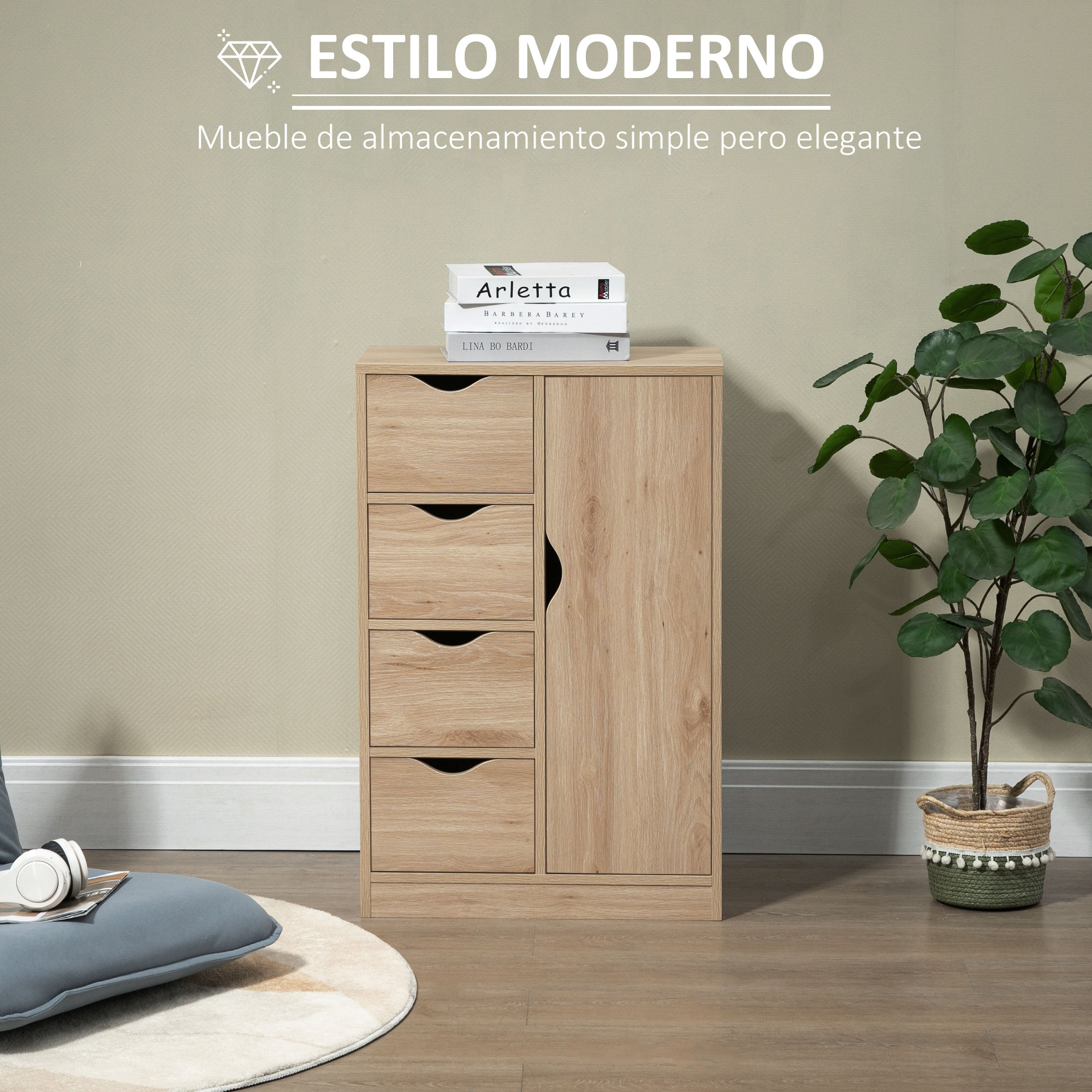 Un armario de madera clara con cuatro cajones y una puerta, libros encima, junto a una planta en maceta.