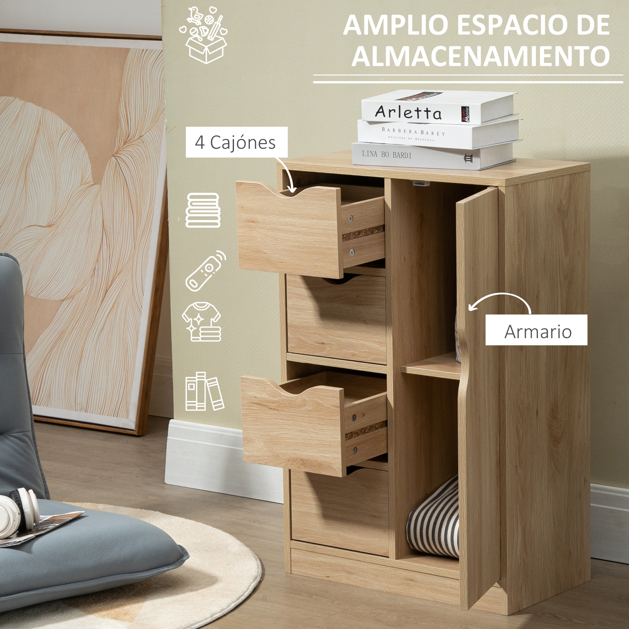 Un armario de madera clara con cuatro cajones y una puerta, libros arriba e iconos destacando sus características.