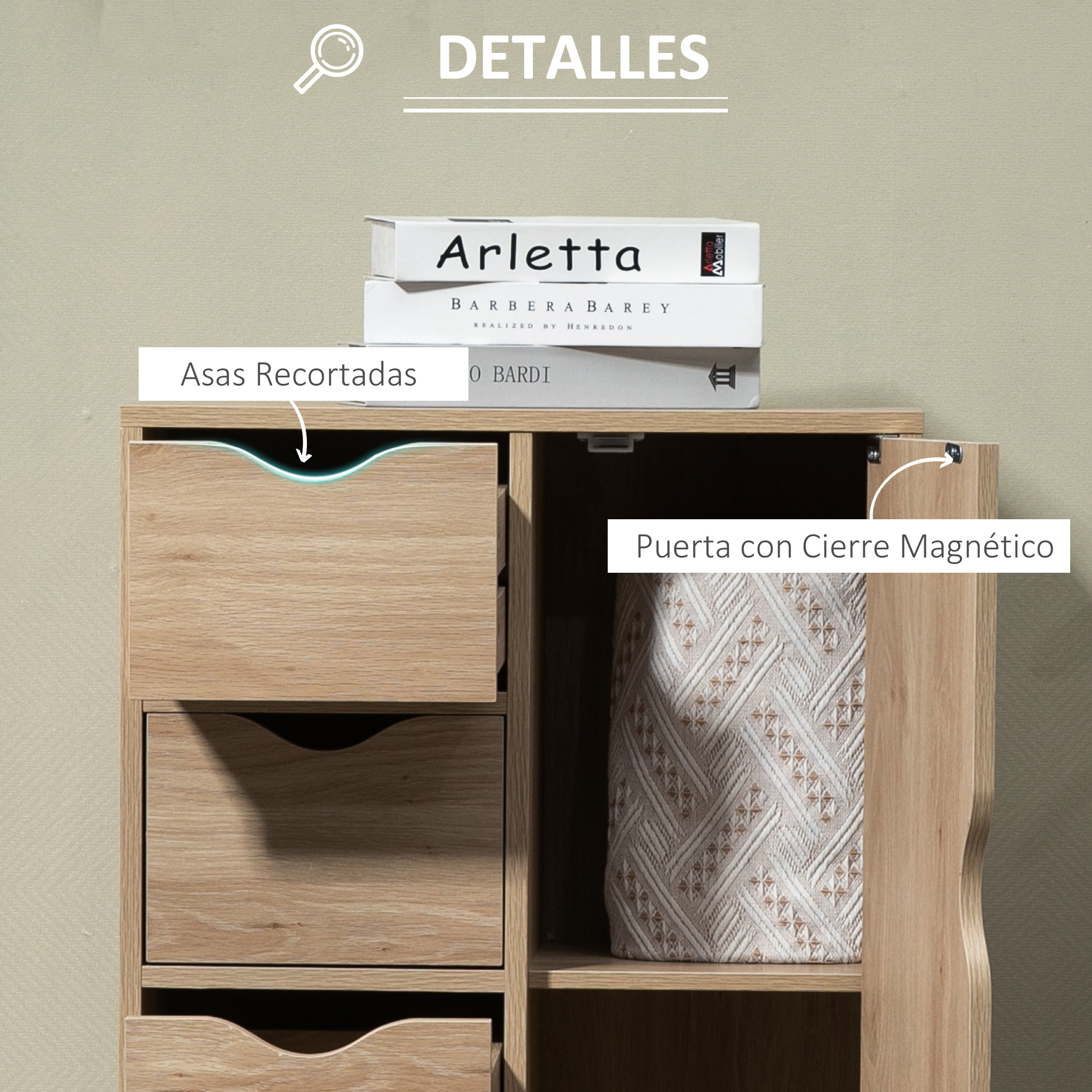 Armario de madera con tiradores recortados, cajones, libros encima y un compartimento con cierre magnético.