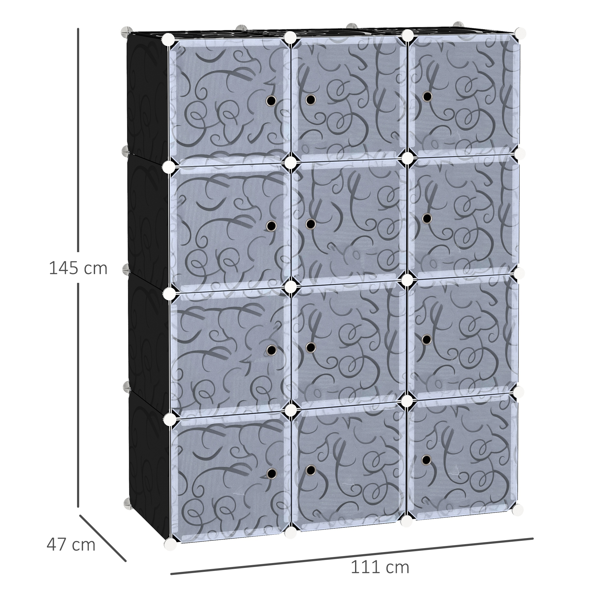 Estante de armario negro modular con doce puertas estampadas y líneas de cotas.