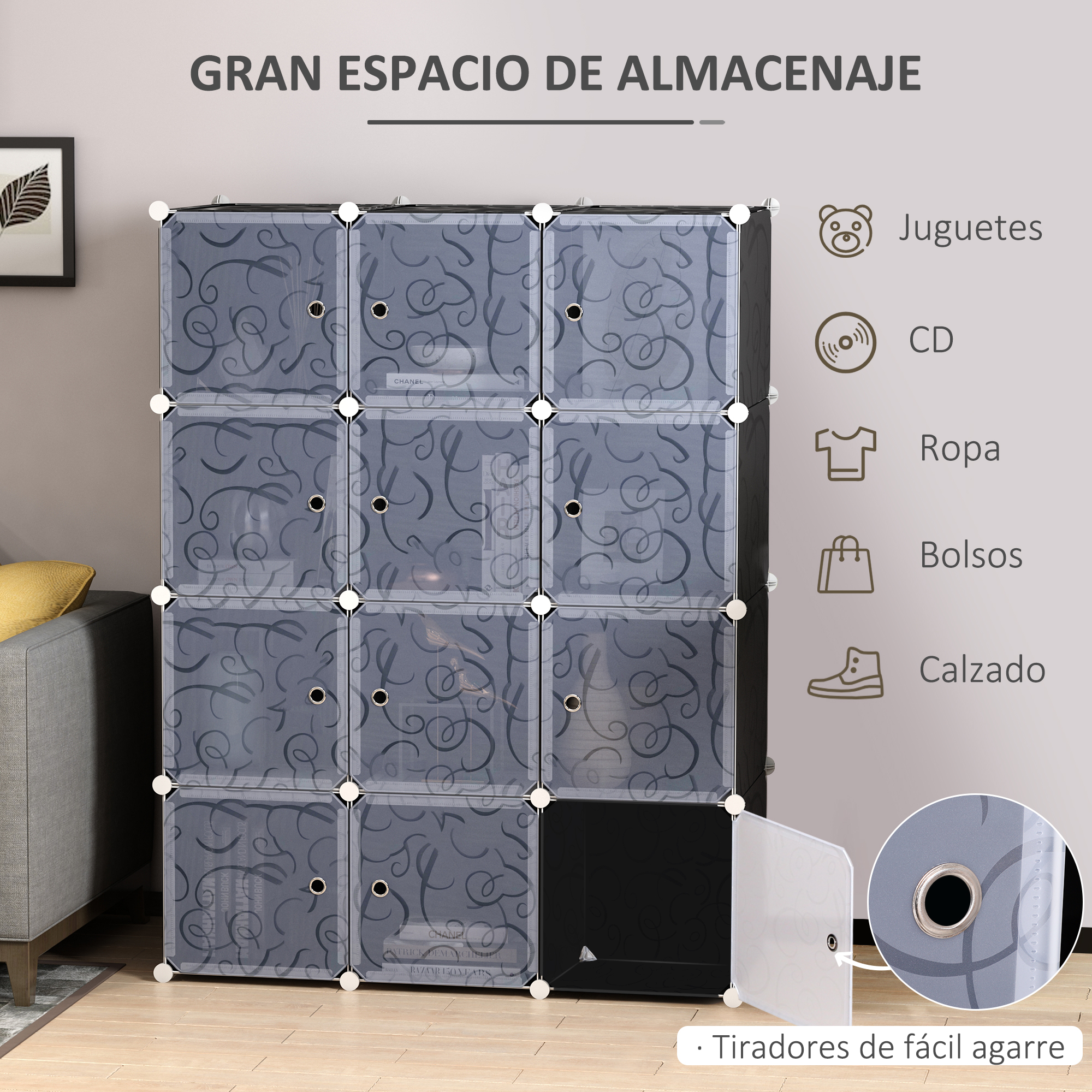 Armario de almacenamiento modular con puertas estampadas grises para juguetes, CD, ropa y zapatos.