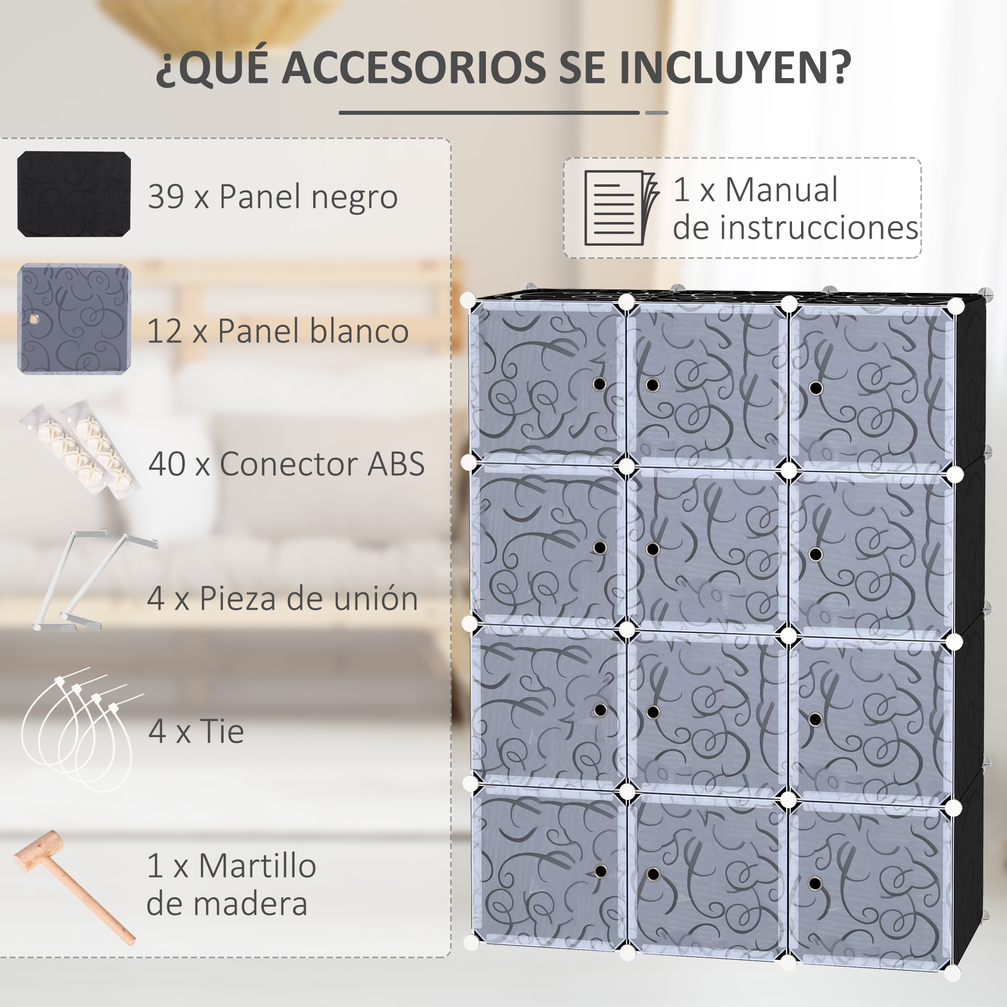 Diagrama que muestra los accesorios incluidos y un estante de cubos gris.