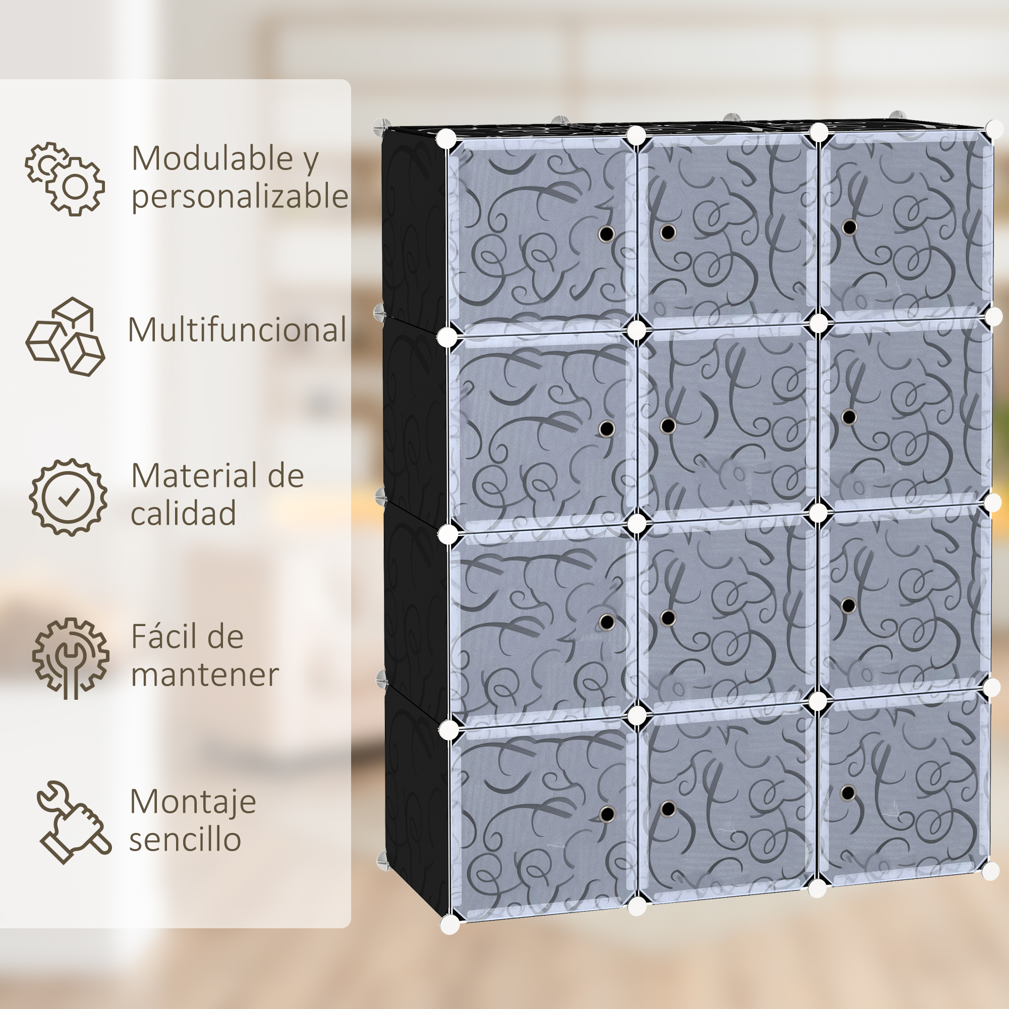 Estantería modular gris con patrones de remolinos y cinco iconos de características.