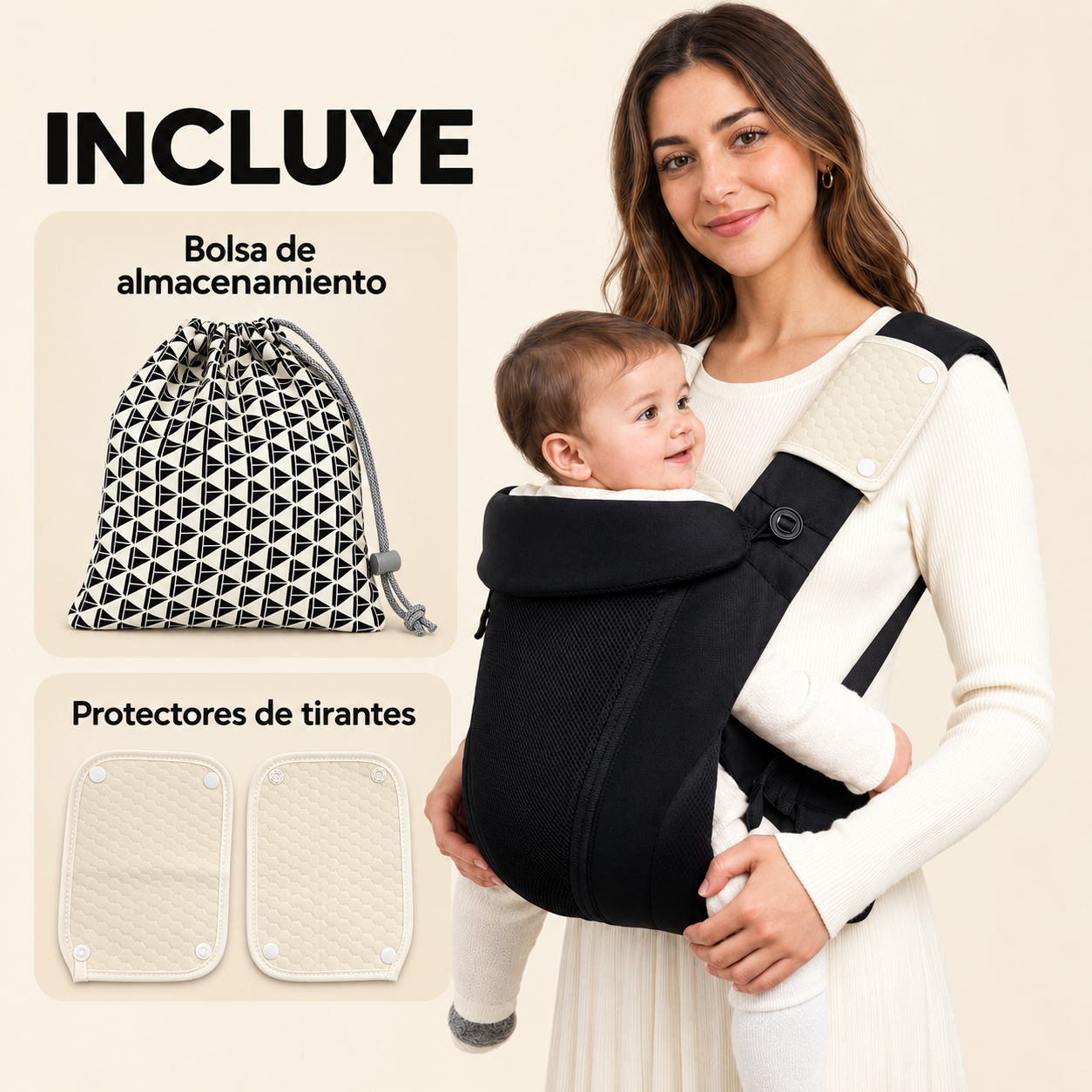 Una mujer sonriente con portabebés, con recuadros que muestran bolsa y protectores.