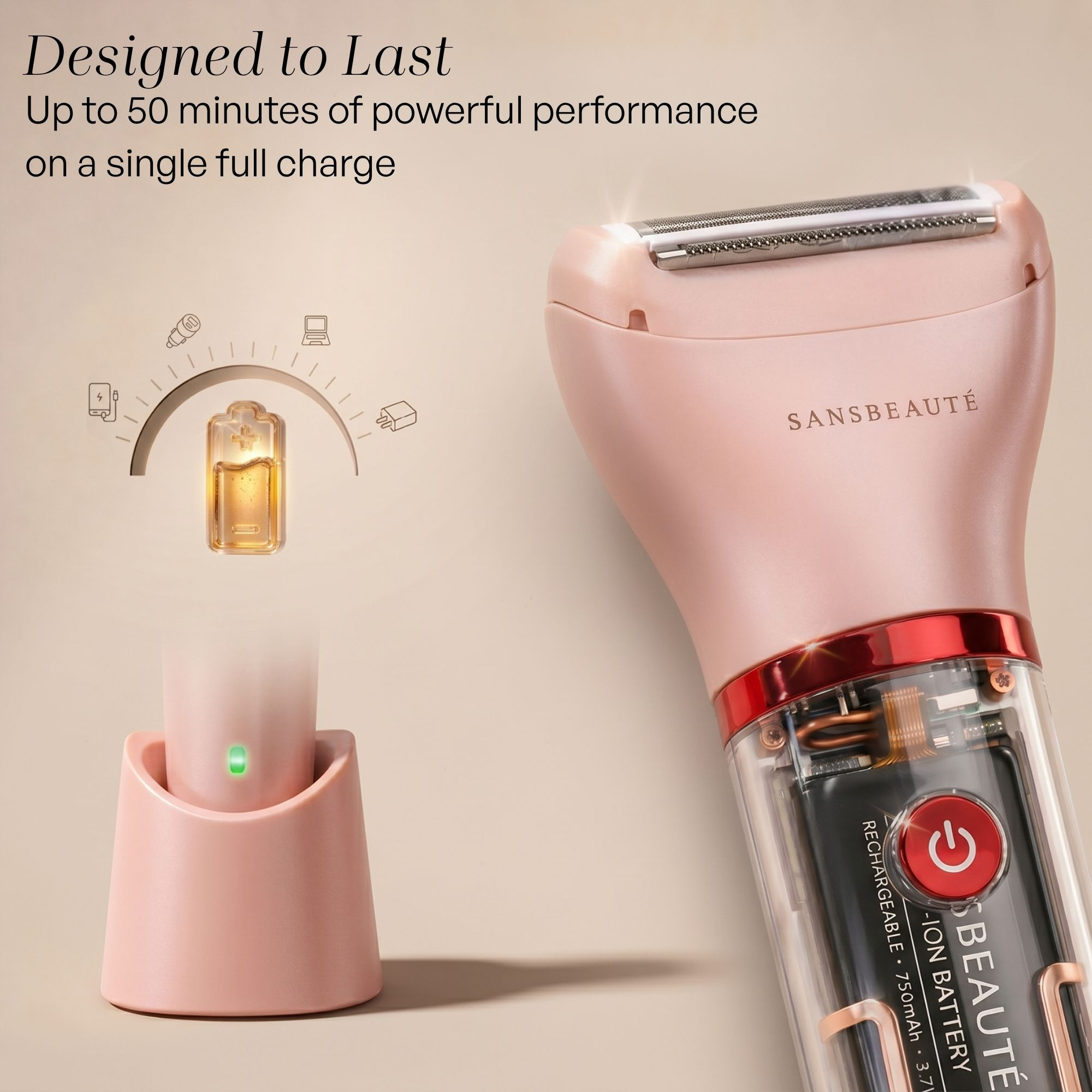 Rasoio elettrico rosa in una base di ricarica, con corpo trasparente che mostra la batteria.