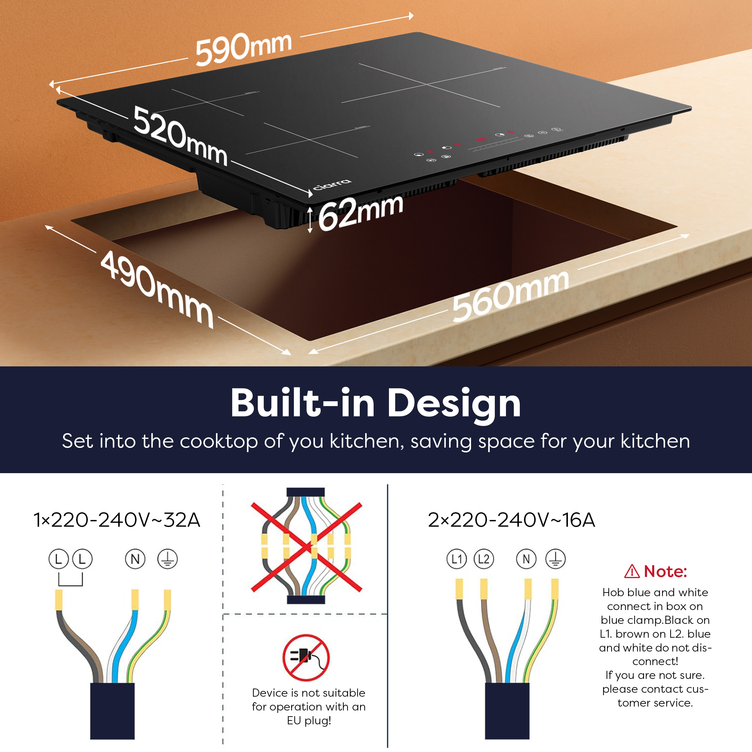 El diagrama muestra dimensiones de instalación de una placa de inducción negra y detalles eléctricos.