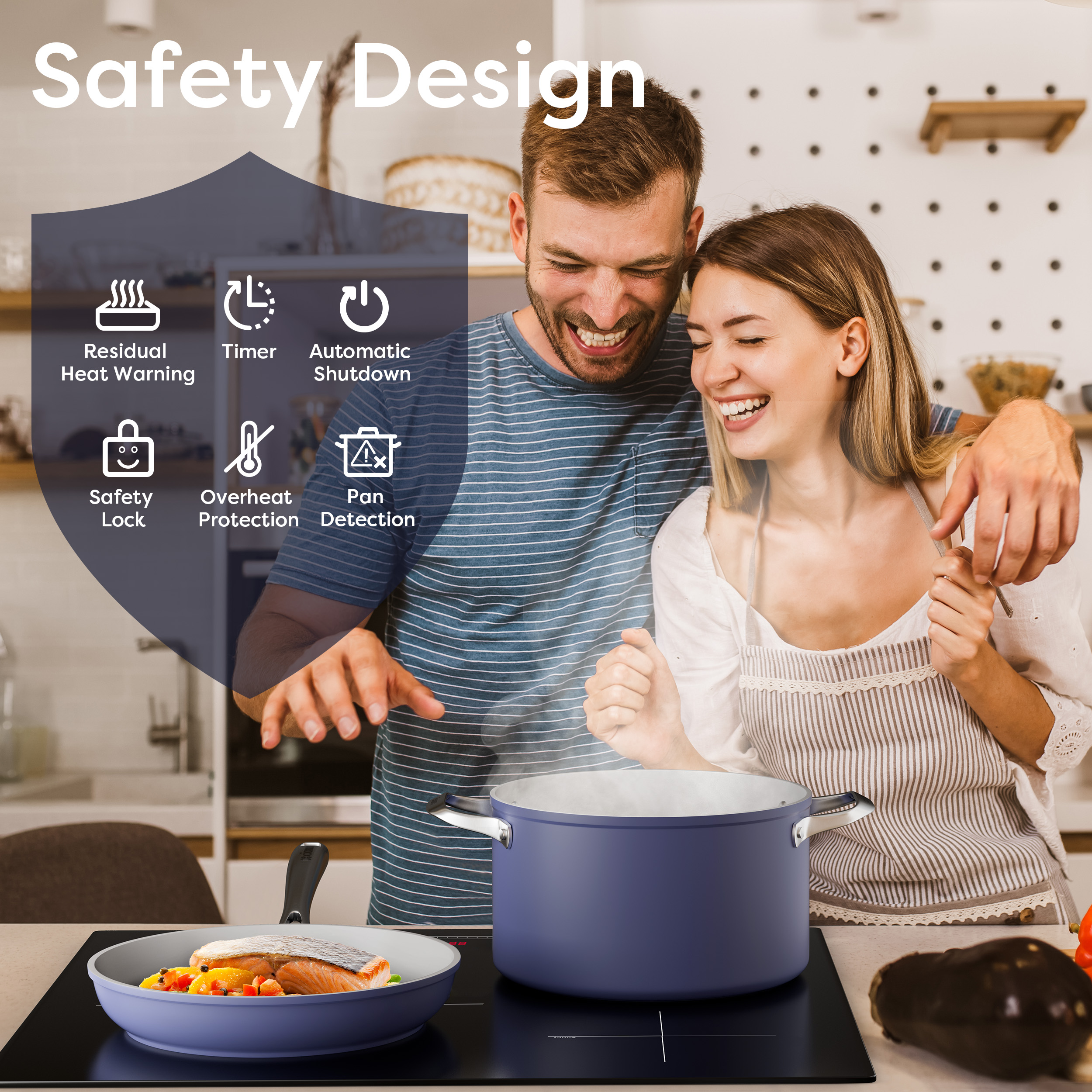 Pareja feliz cocinando en la cocina con una encimera de seguridad.