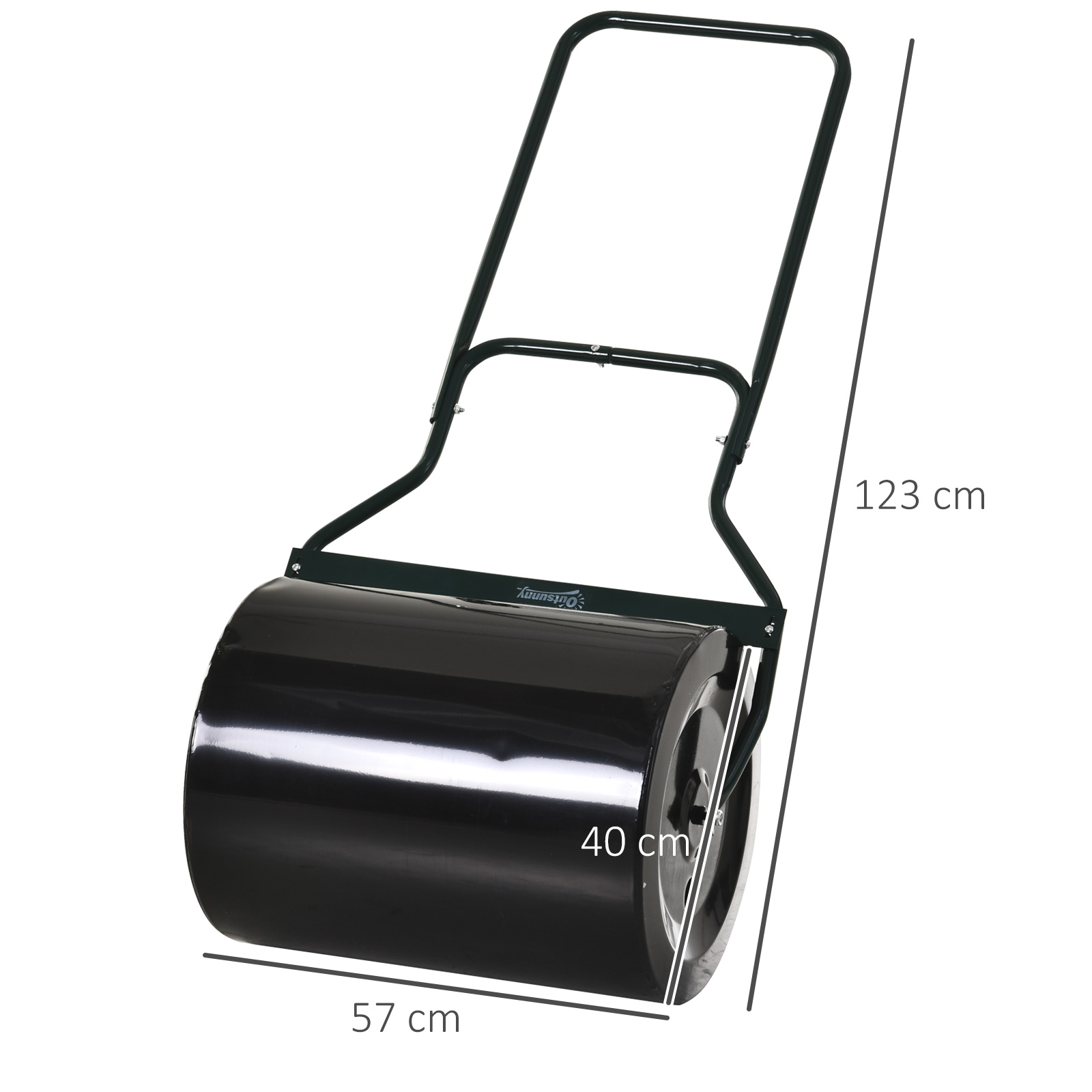 Rodillo de jardín negro con dimensiones de 123 cm de alto, 40 cm de diámetro y 57 cm de ancho.