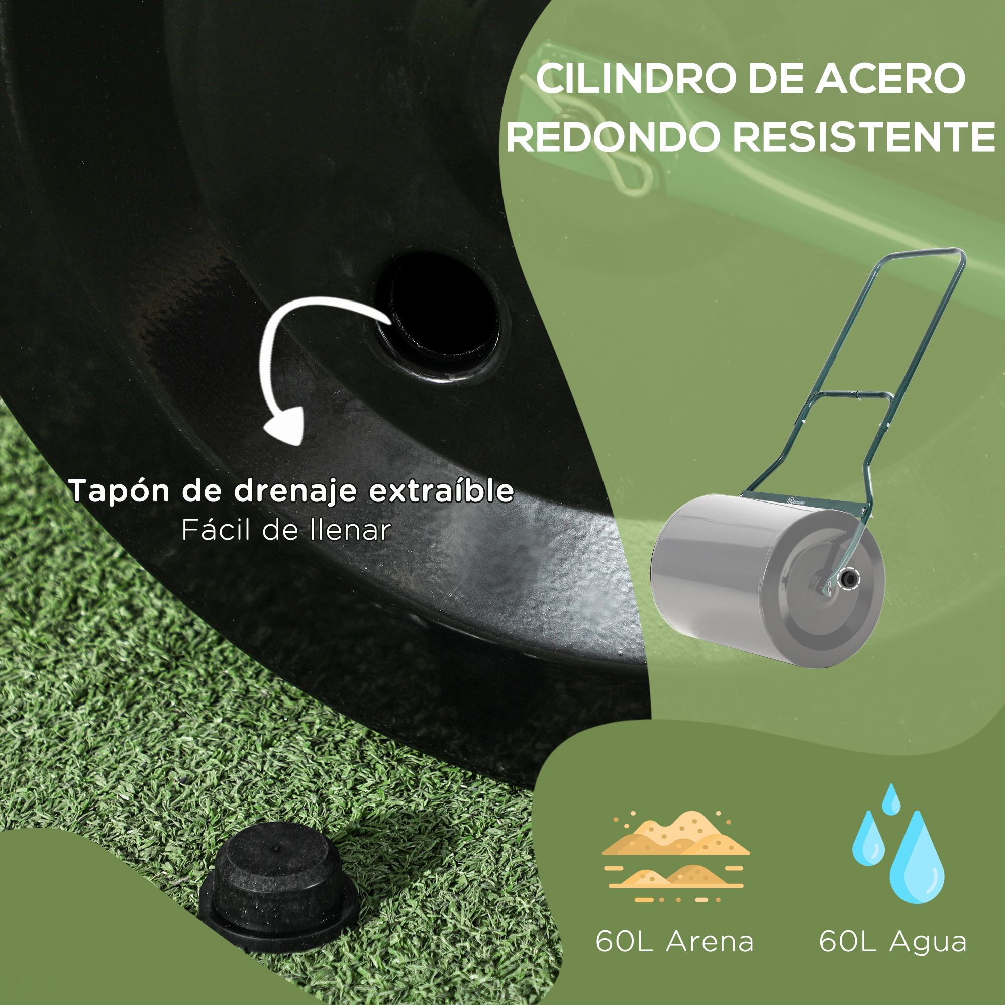Rodillo de jardín de acero con tapón de drenaje extraíble e iconos para 60L de arena o agua.