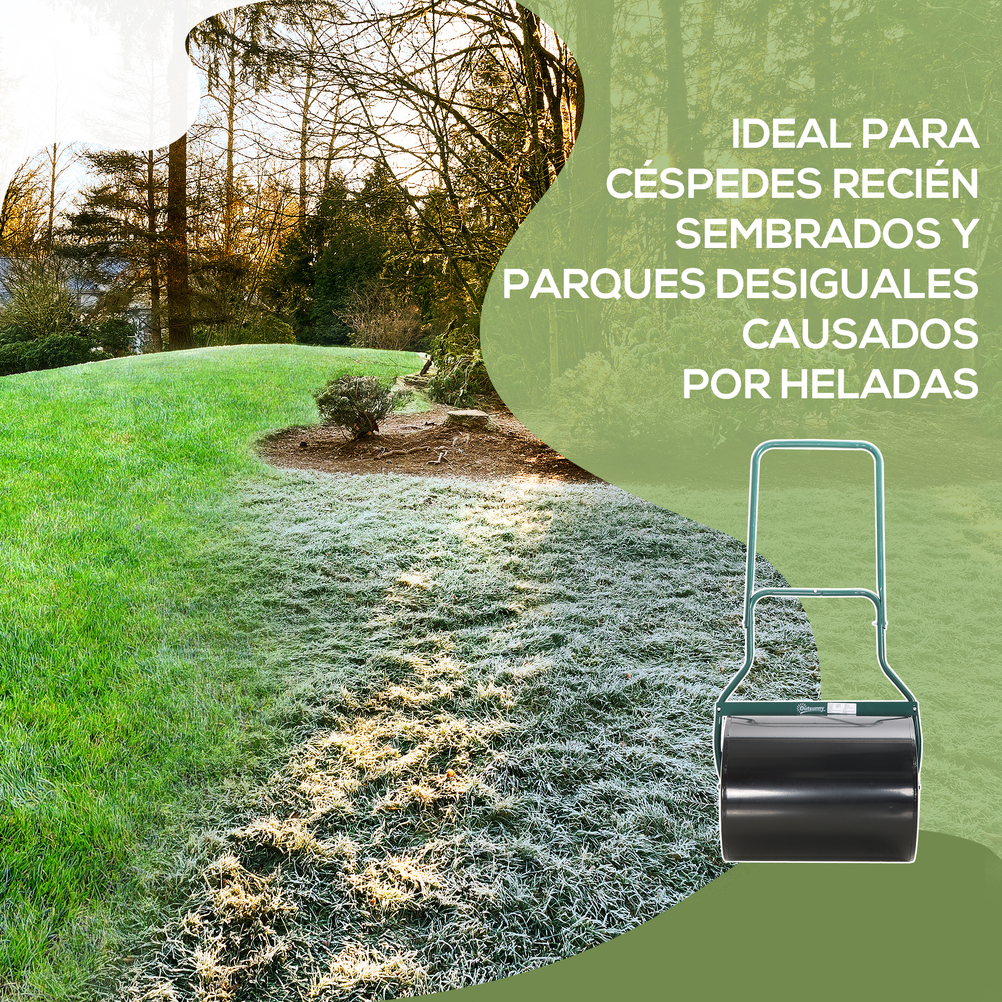 Un rodillo de césped verde en un campo con escarcha junto a un jardín soleado.