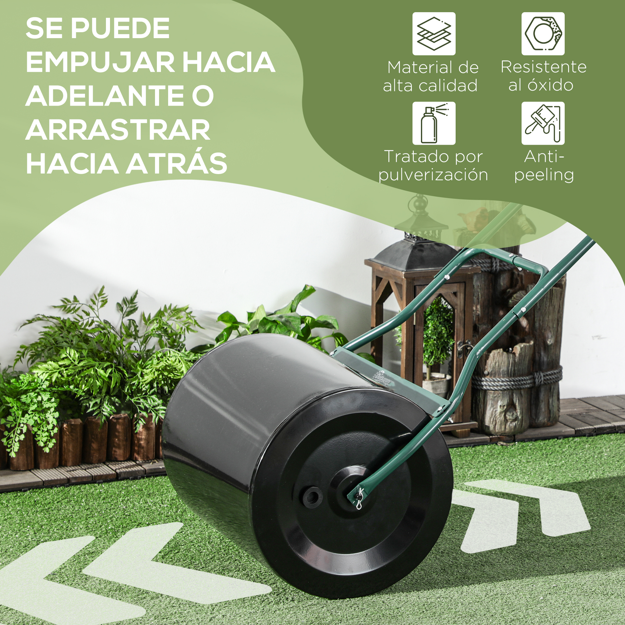 Rodillo de jardín negro con mango verde sobre césped, con texto en español e iconos de características.