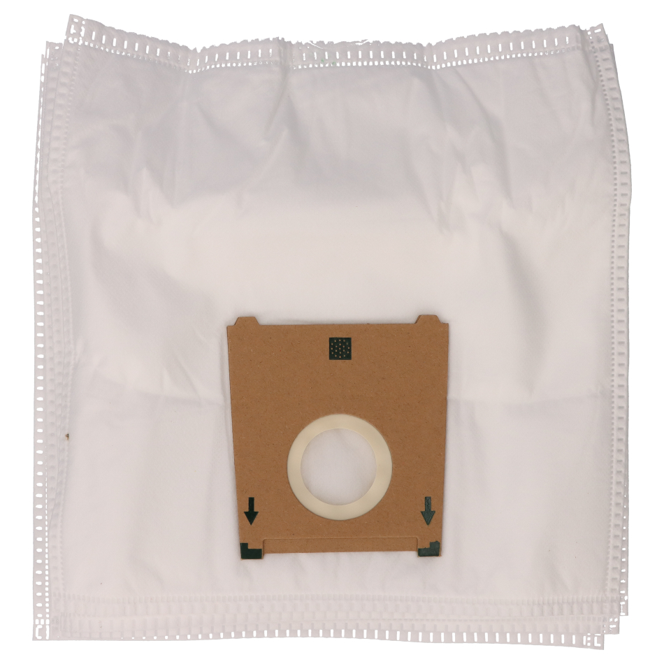 Una bolsa de aspiradora blanca con un collar de cart ón marrón y una abertura central sobre fondo blanco.