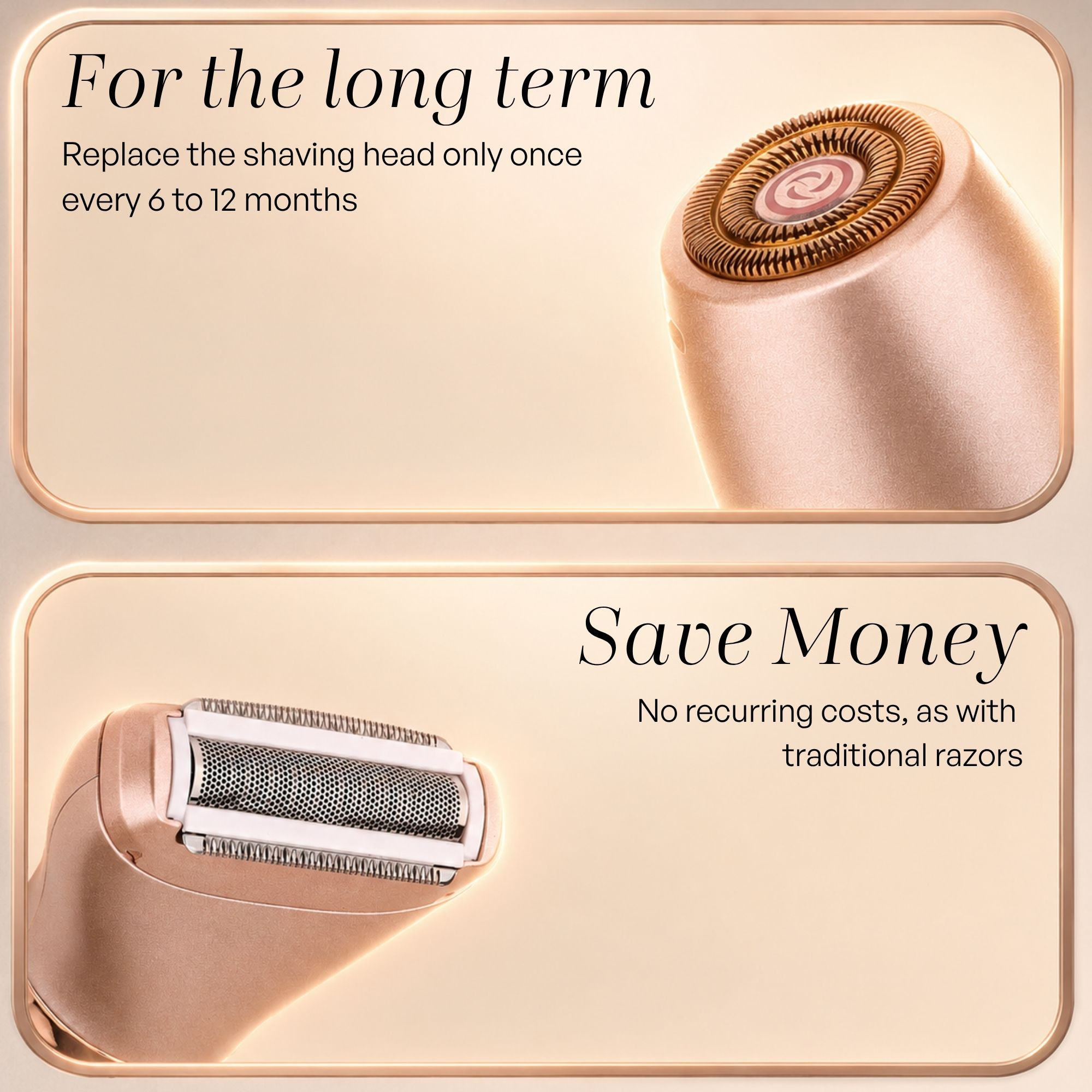 Rasoio elettrico in oro rosa con testo su durata e risparmio.