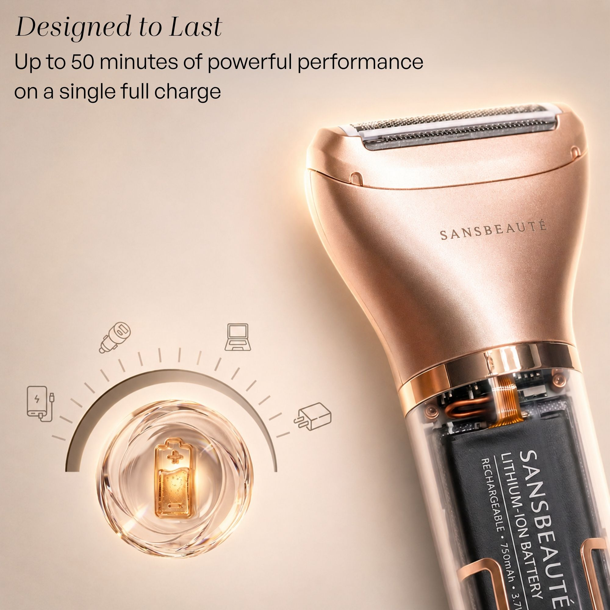 Rasoio color oro con batteria ricaricabile visibile e indicatore di carica.