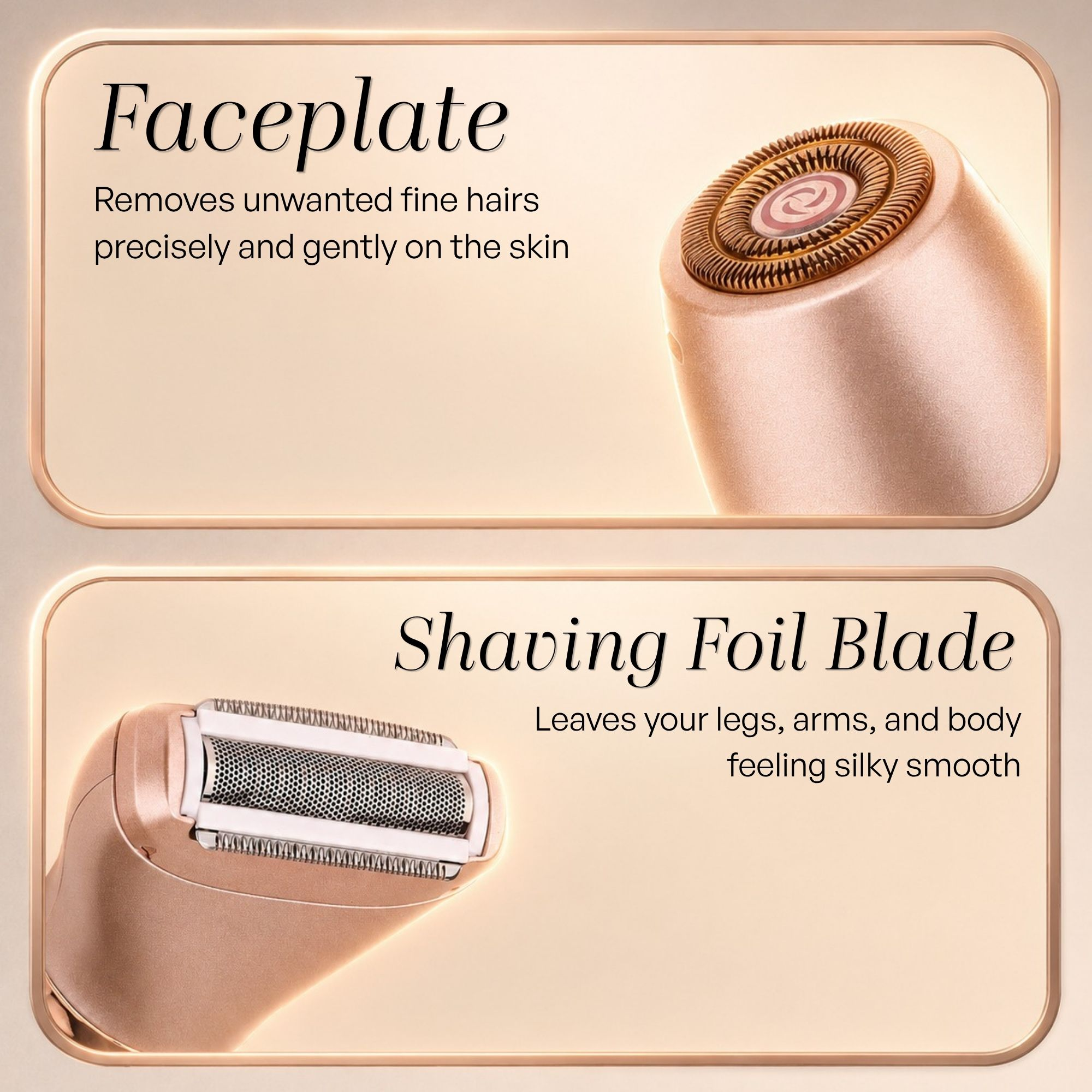 Due testine di depilazione in oro rosa con testo: placca e lama.