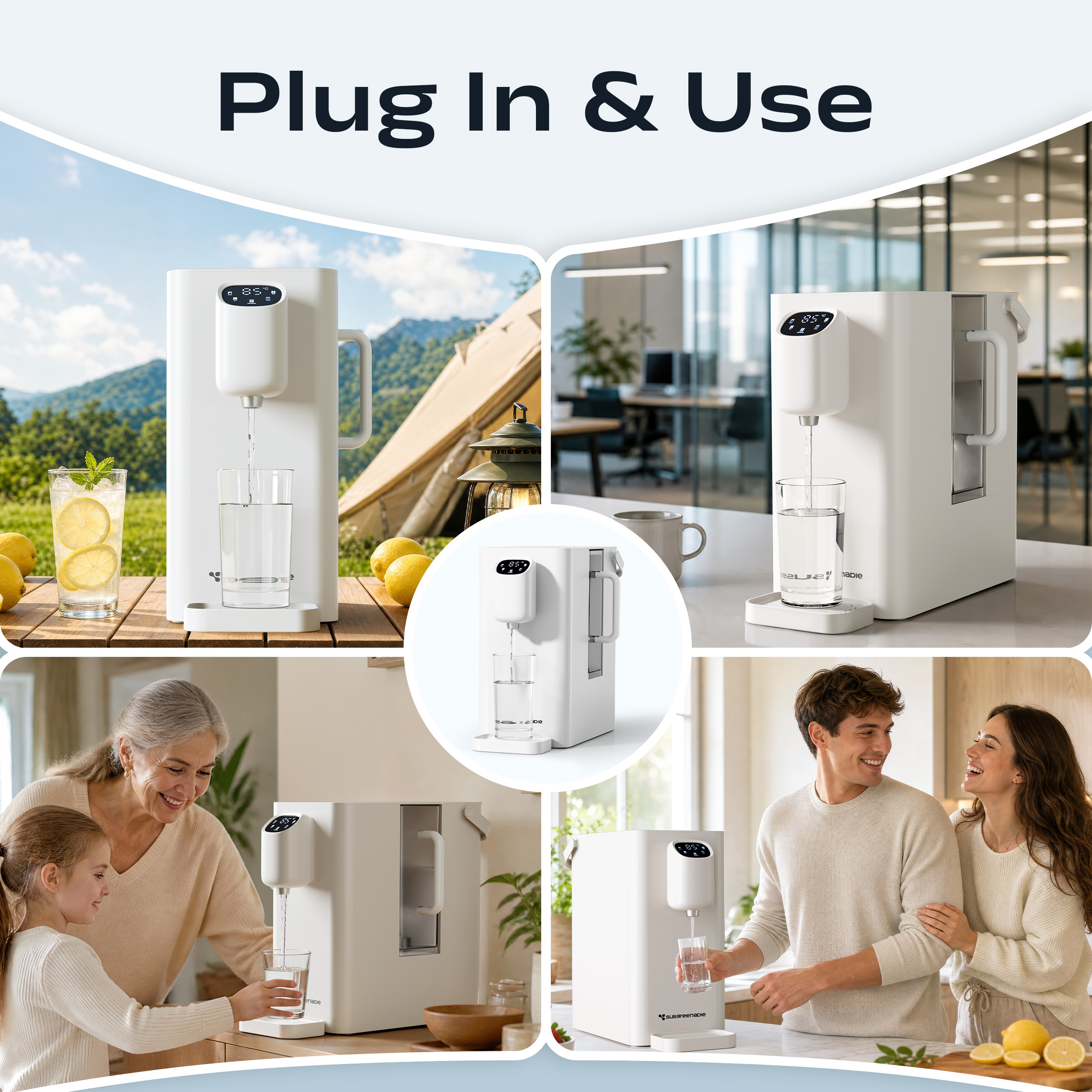 Collage con un dispensador de agua blanco en varios entornos como naturaleza, oficina y cocina.