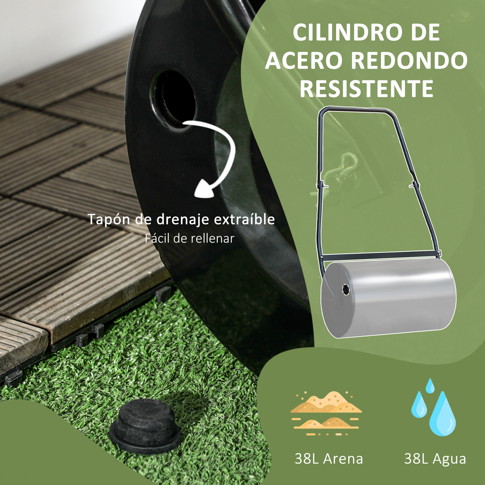 Imagen de un rodillo de césped con cilindro de acero, tapón de drenaje y capacidad para 38L de arena o agua.
