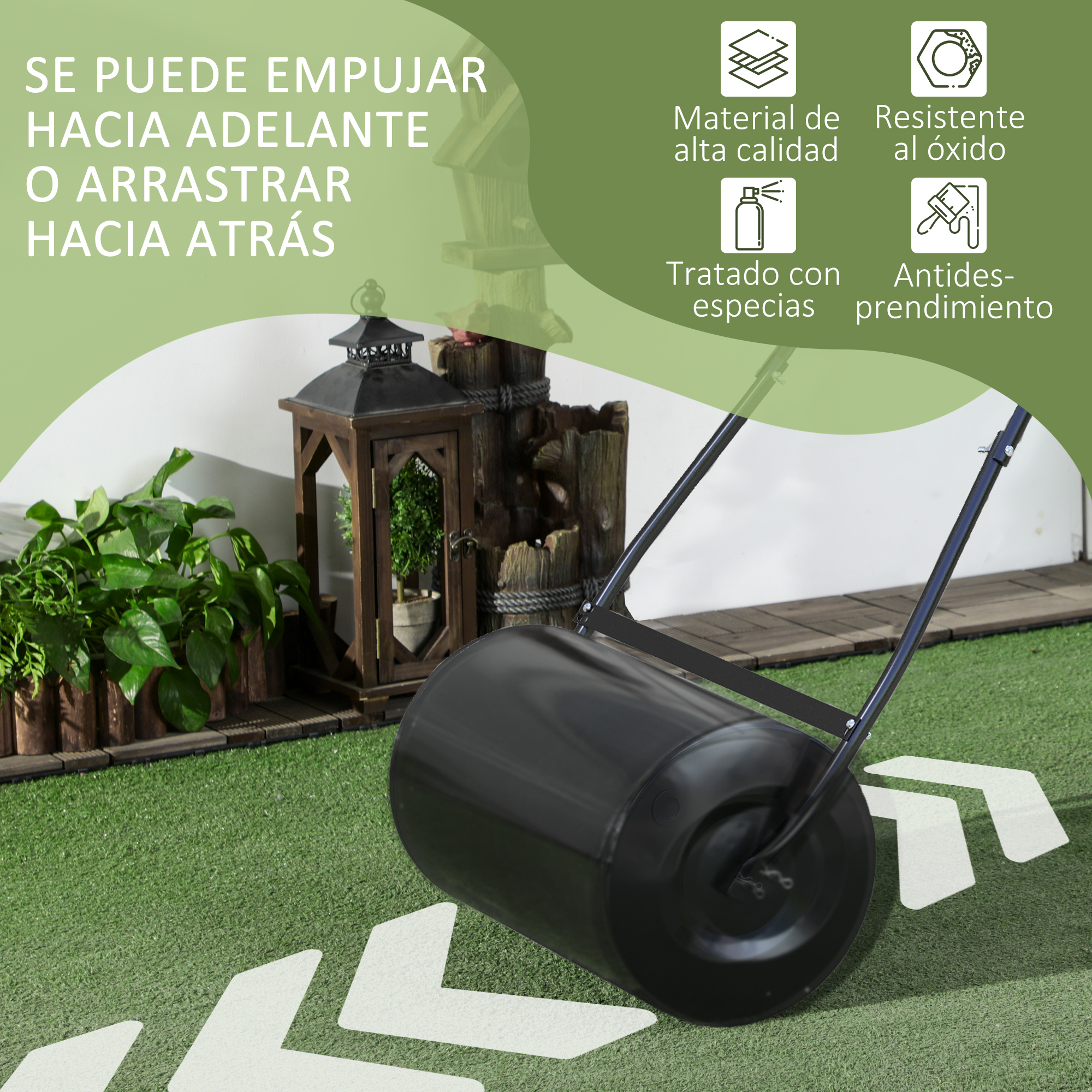 Un rodillo de jardín negro sobre césped artificial con texto e iconos.