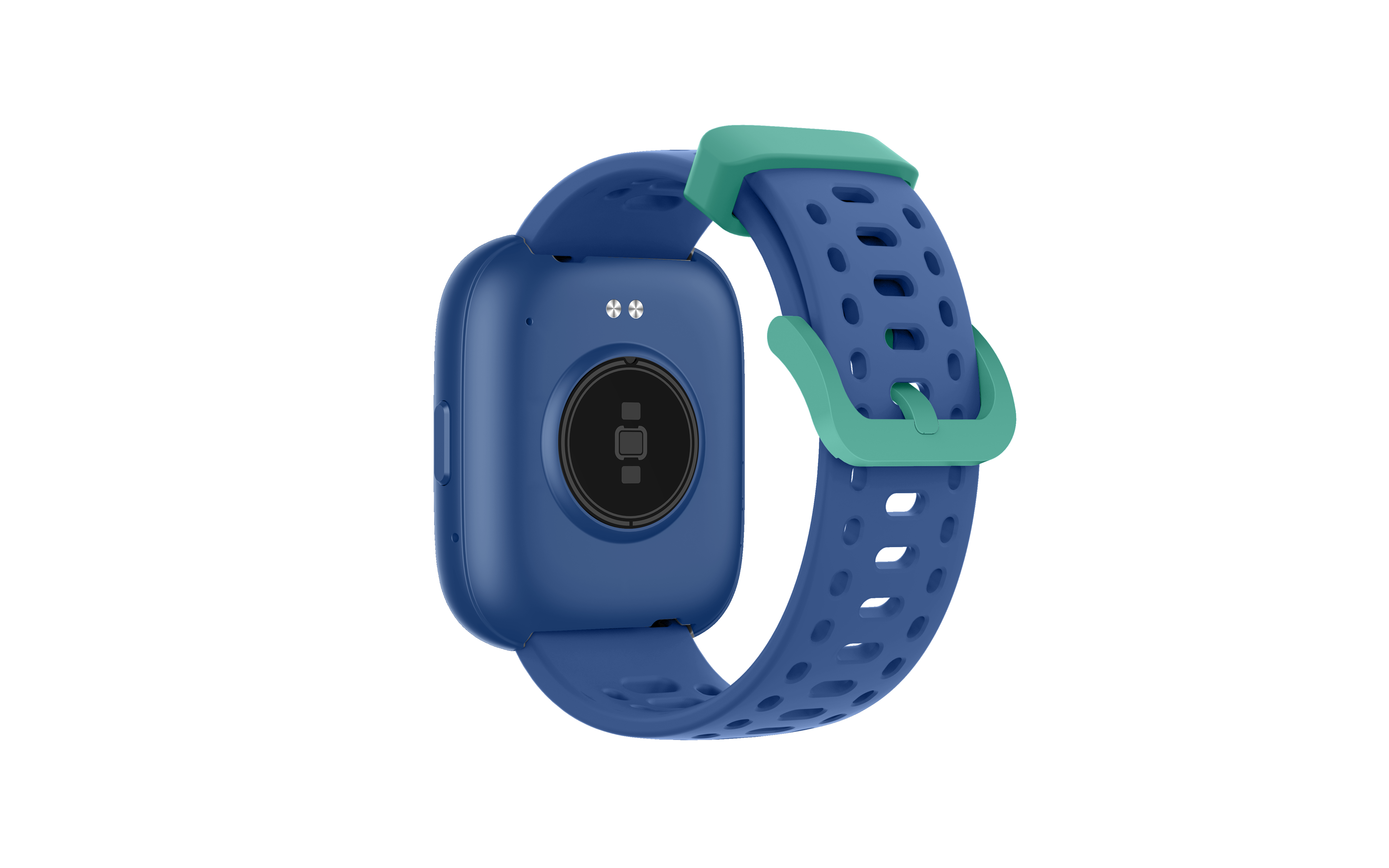 Un reloj inteligente azul con correa perforada azul y verde, visto desde atrás sobre fondo negro.