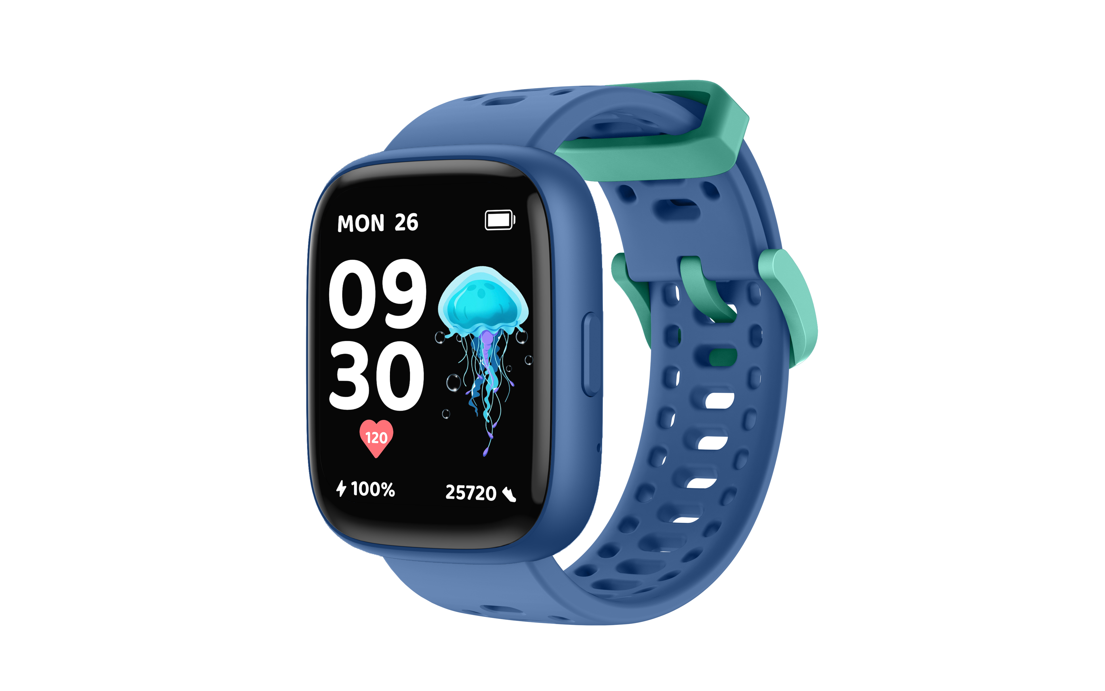 Reloj inteligente azul con detalles verdes y pantalla que muestra la hora, frecuencia cardíaca y una medusa.