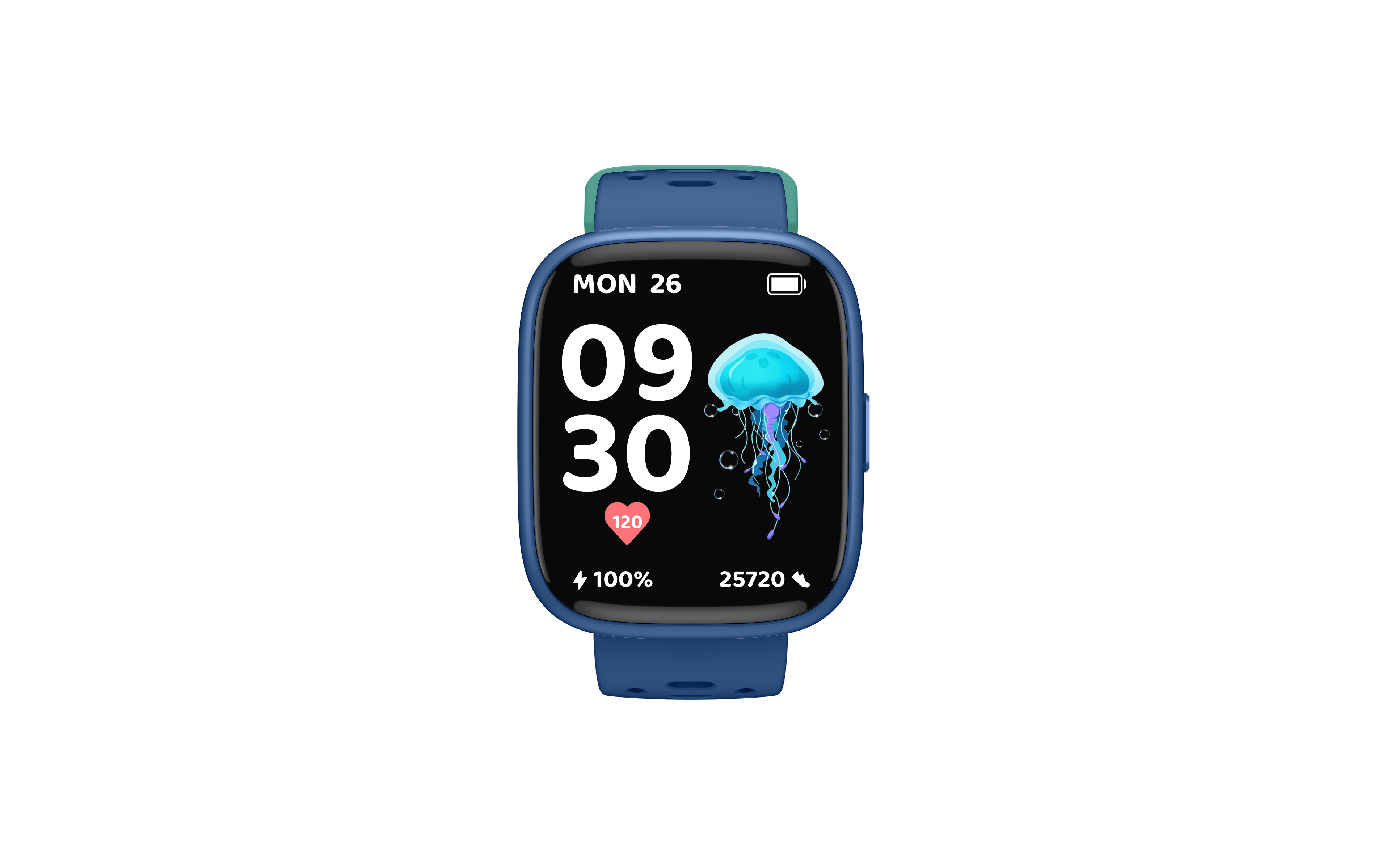 Reloj inteligente azul con pantalla digital que muestra hora, frecuencia cardíaca, batería y un gráfico de medusa.