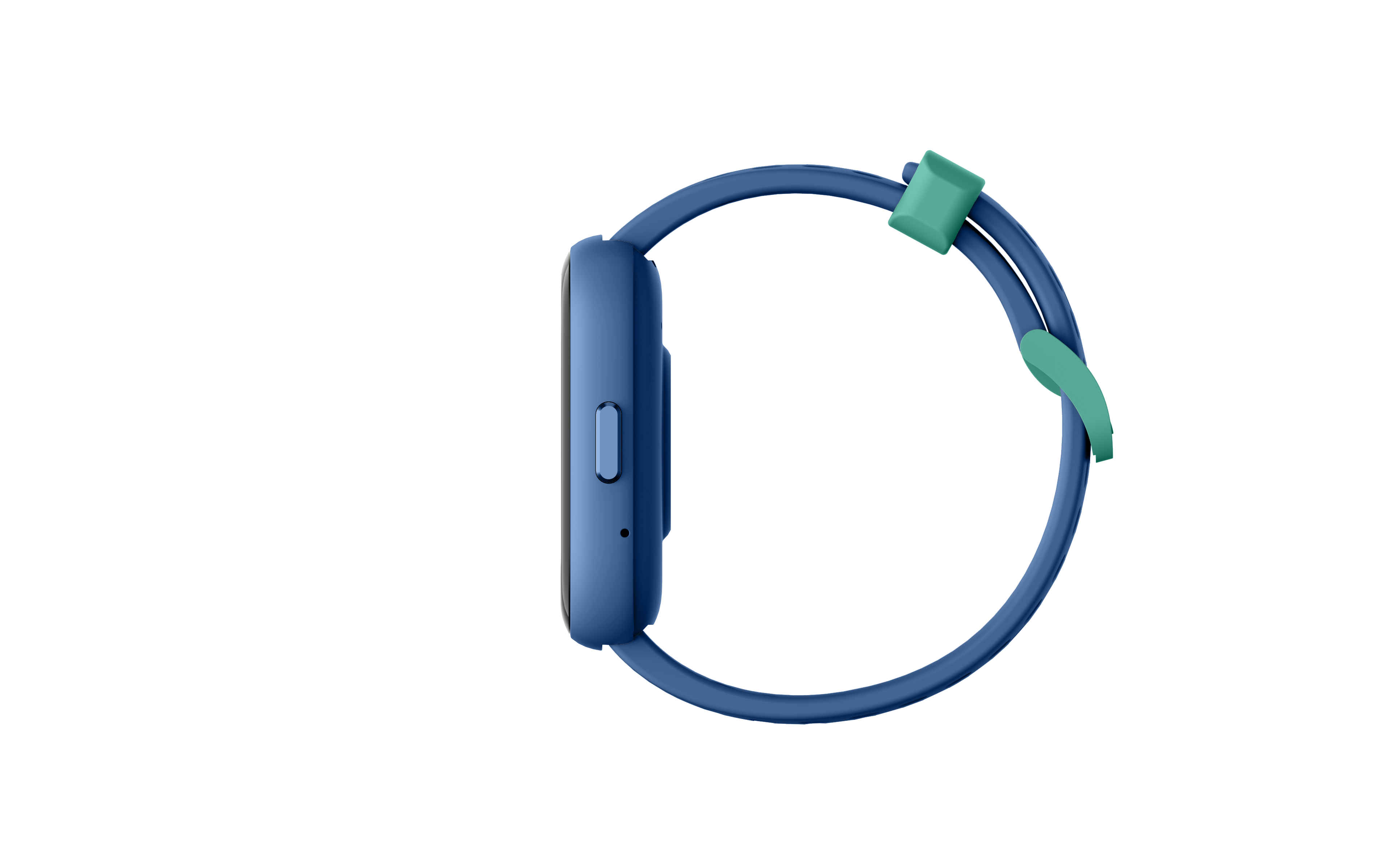 Reloj inteligente azul con correa verde sobre fondo negro, visto de lado.