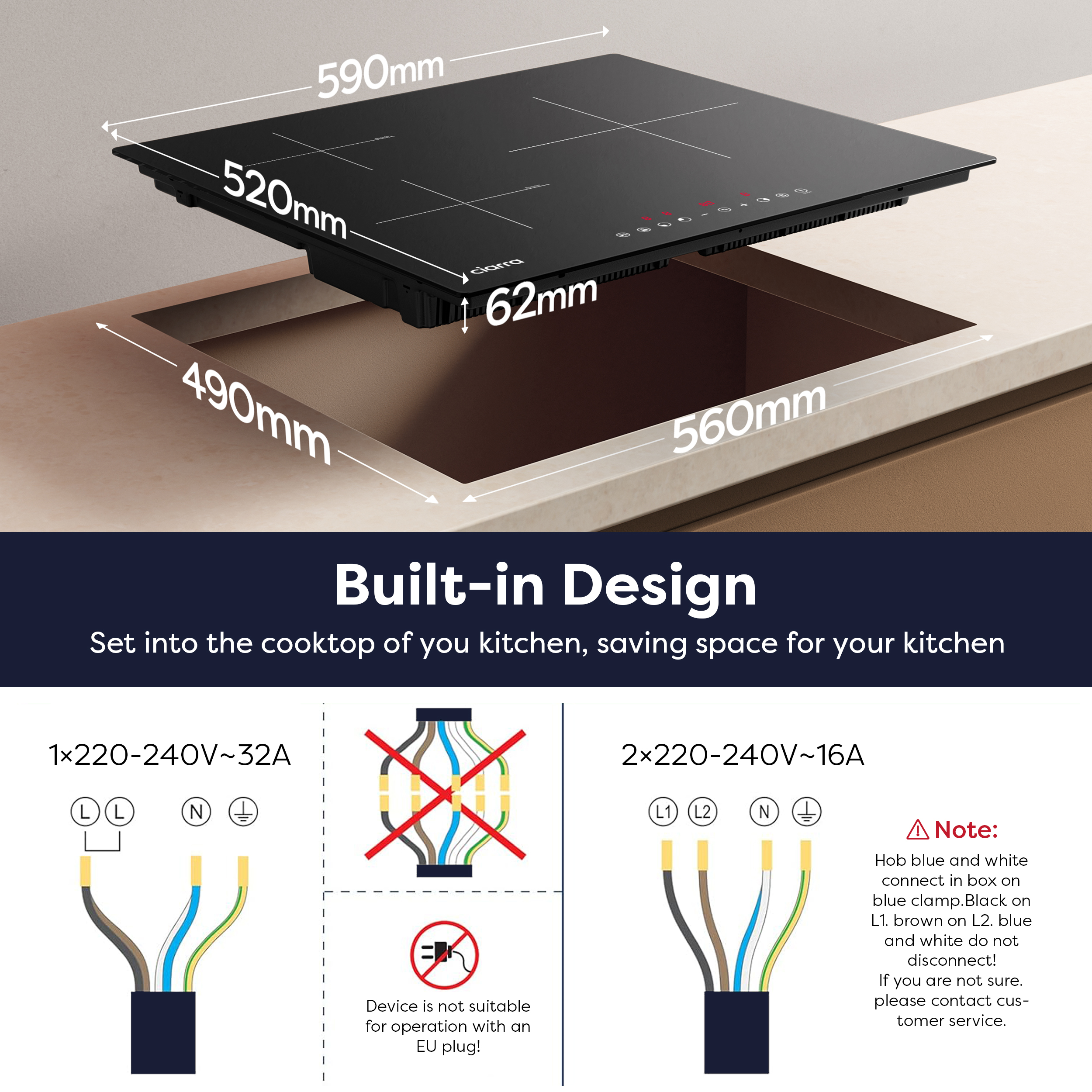 Placa de inducción empotrable con medidas y diagramas de conexión eléctrica.