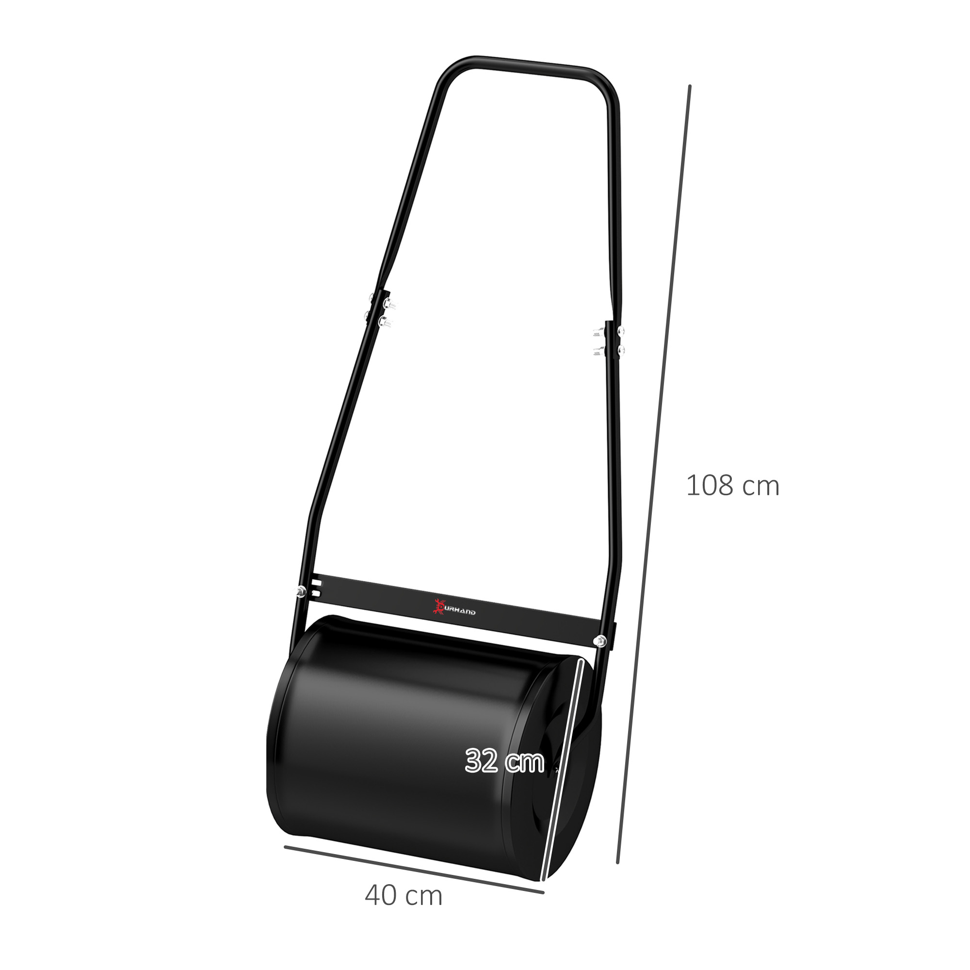 Rodillo de césped negro con dimensiones: 108 cm de alto, 40 cm de ancho y 32 cm de diámetro.