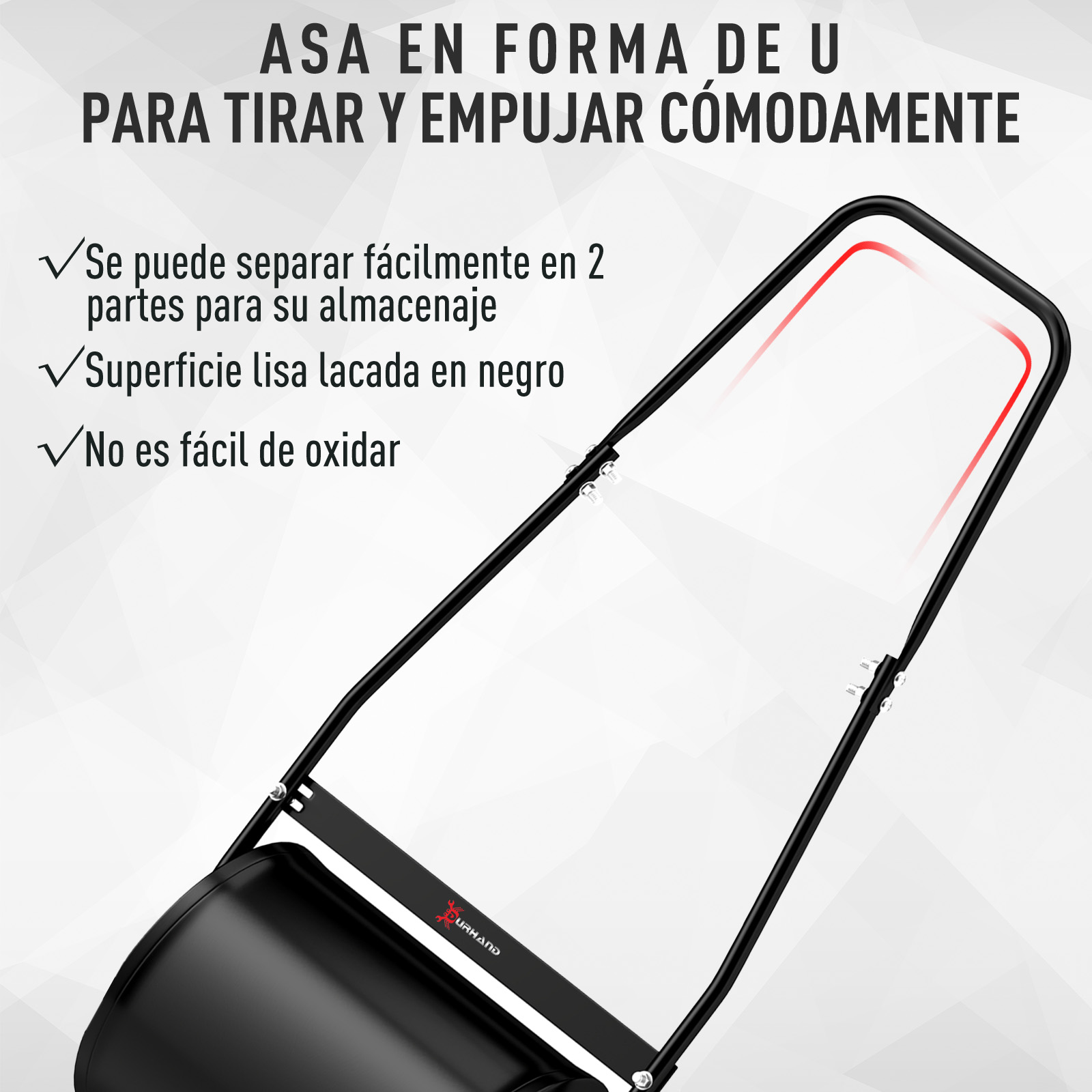 Manillar en U negro para un rodillo de jardín con texto en español.