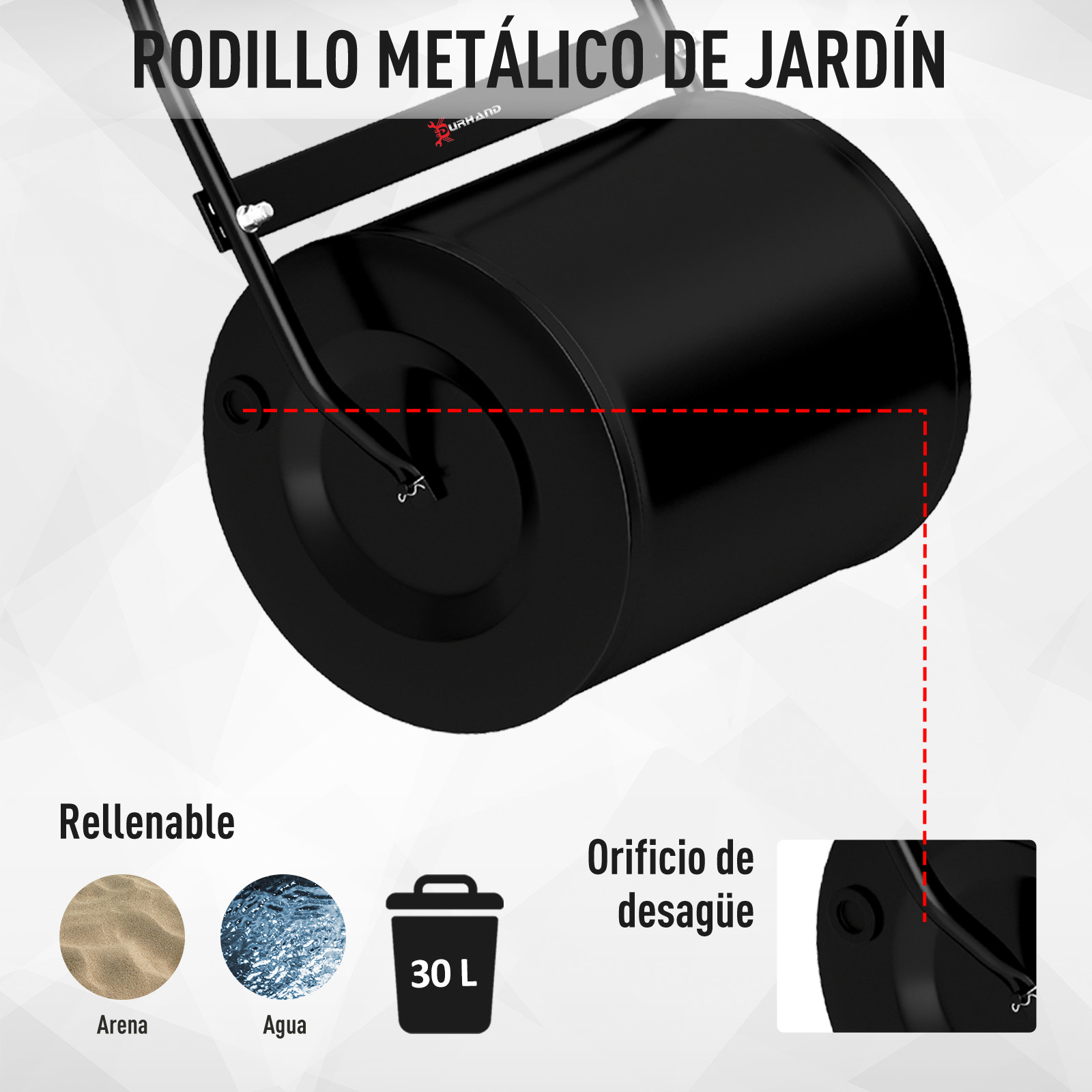 Rodillo de jardín de metal negro con capacidad de 30L, rellenable con arena o agua, con orificio de desagüe.