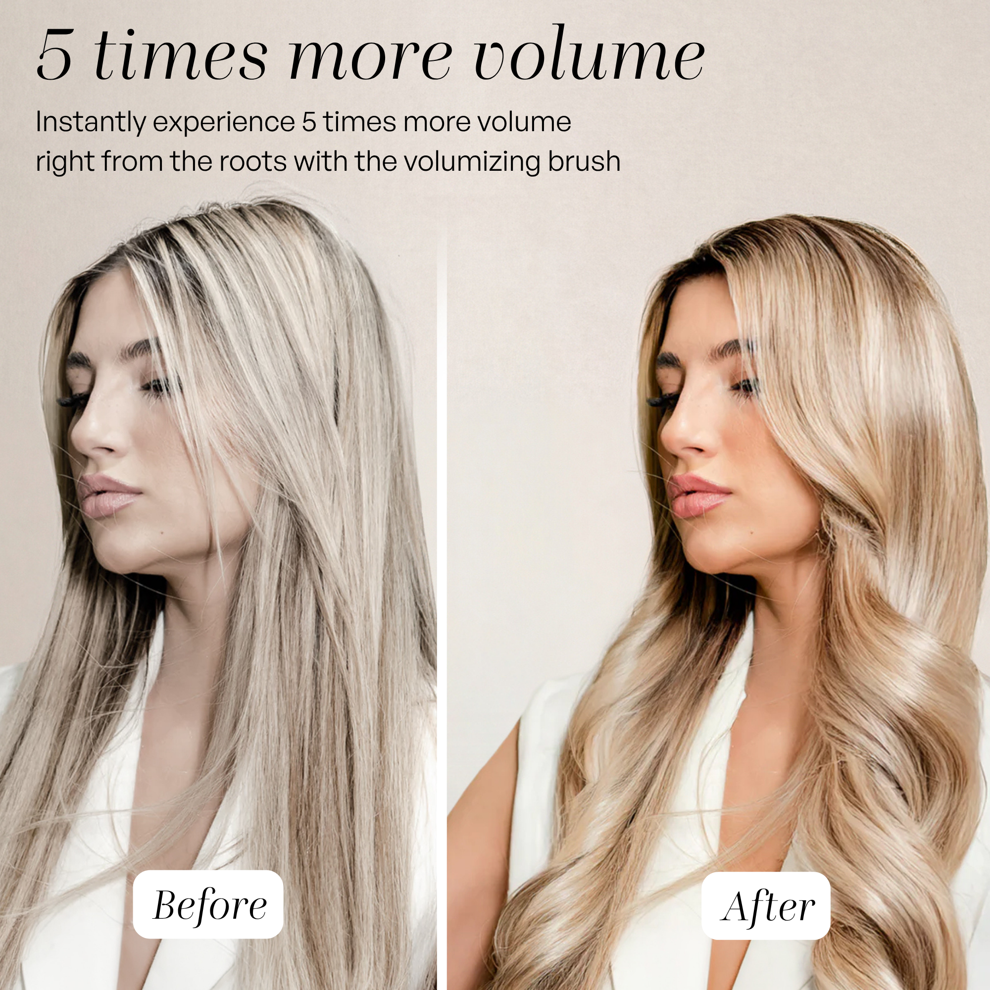 Comparison image: Before with flat hair and After with significantly more hair volume.
