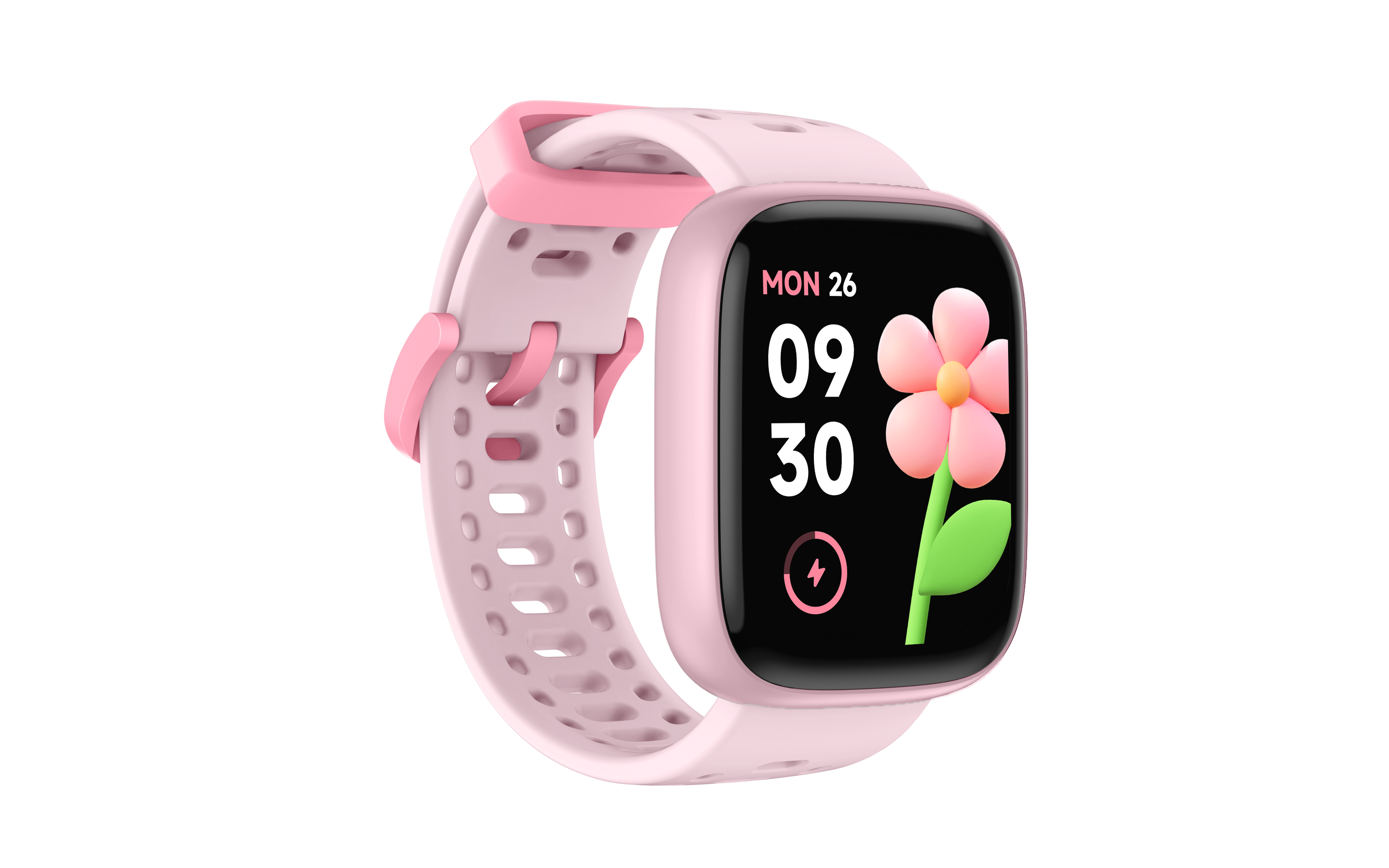 Un reloj inteligente rosa claro con una esfera floral sobre fondo negro.
