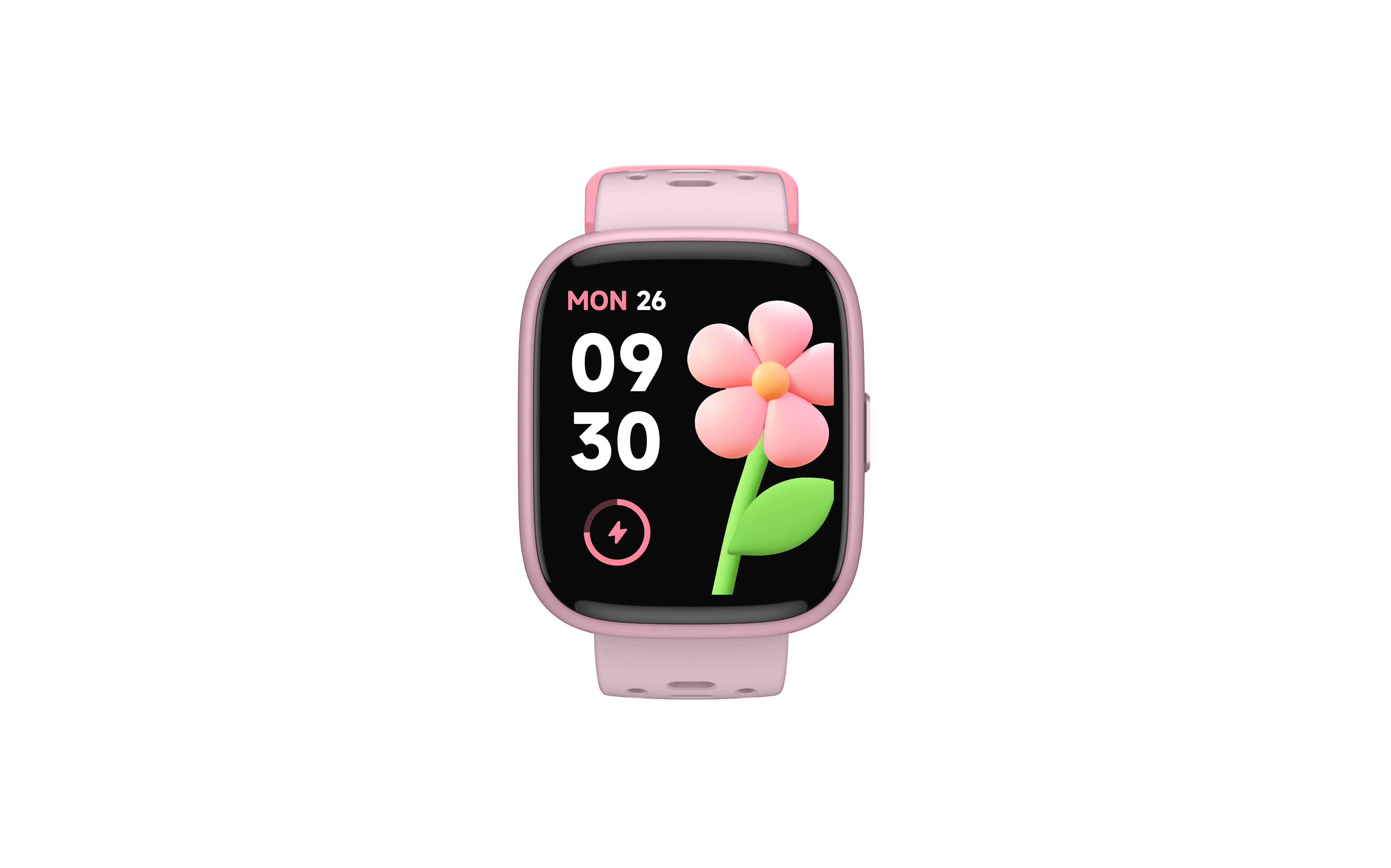 Reloj inteligente rosa con pantalla negra, hora digital 09:30 y una ilustración de flor en 3D sobre fondo negro.