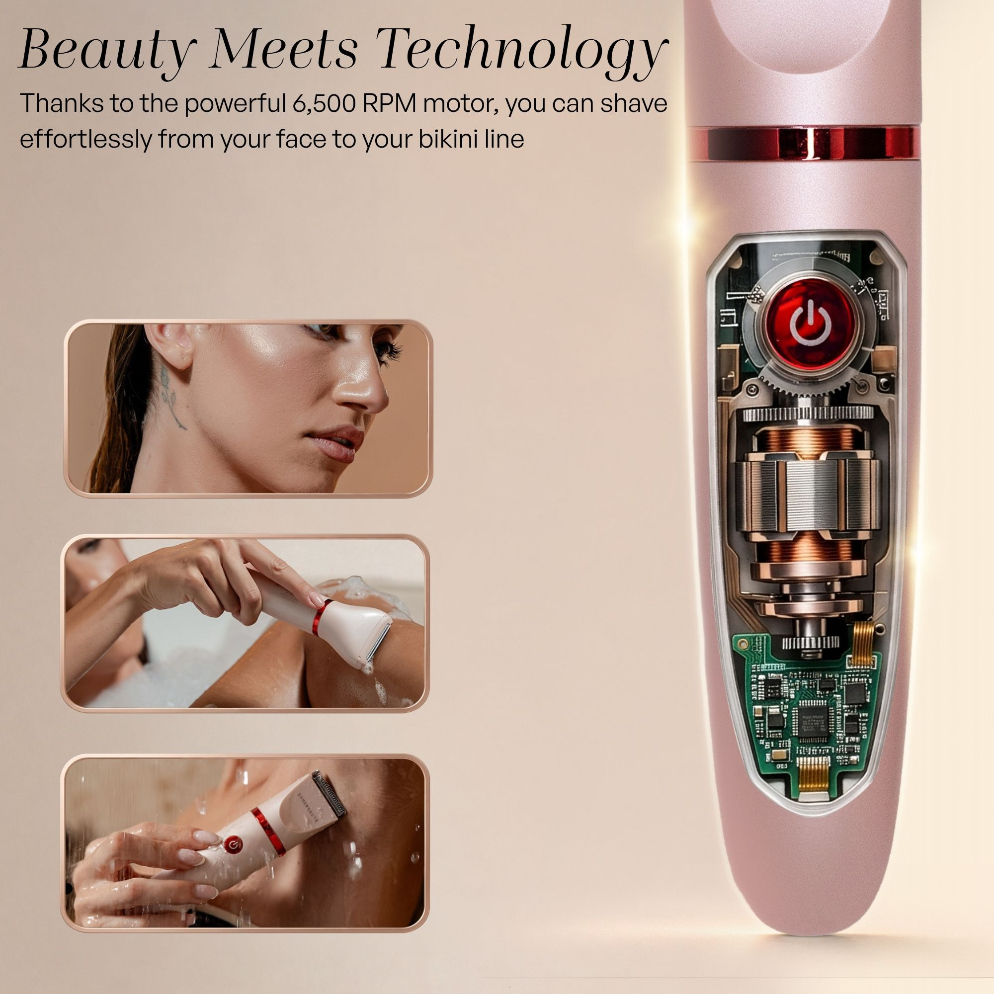 Rasoio elettrico rosa con motore visibile e immagini di una donna che lo usa.