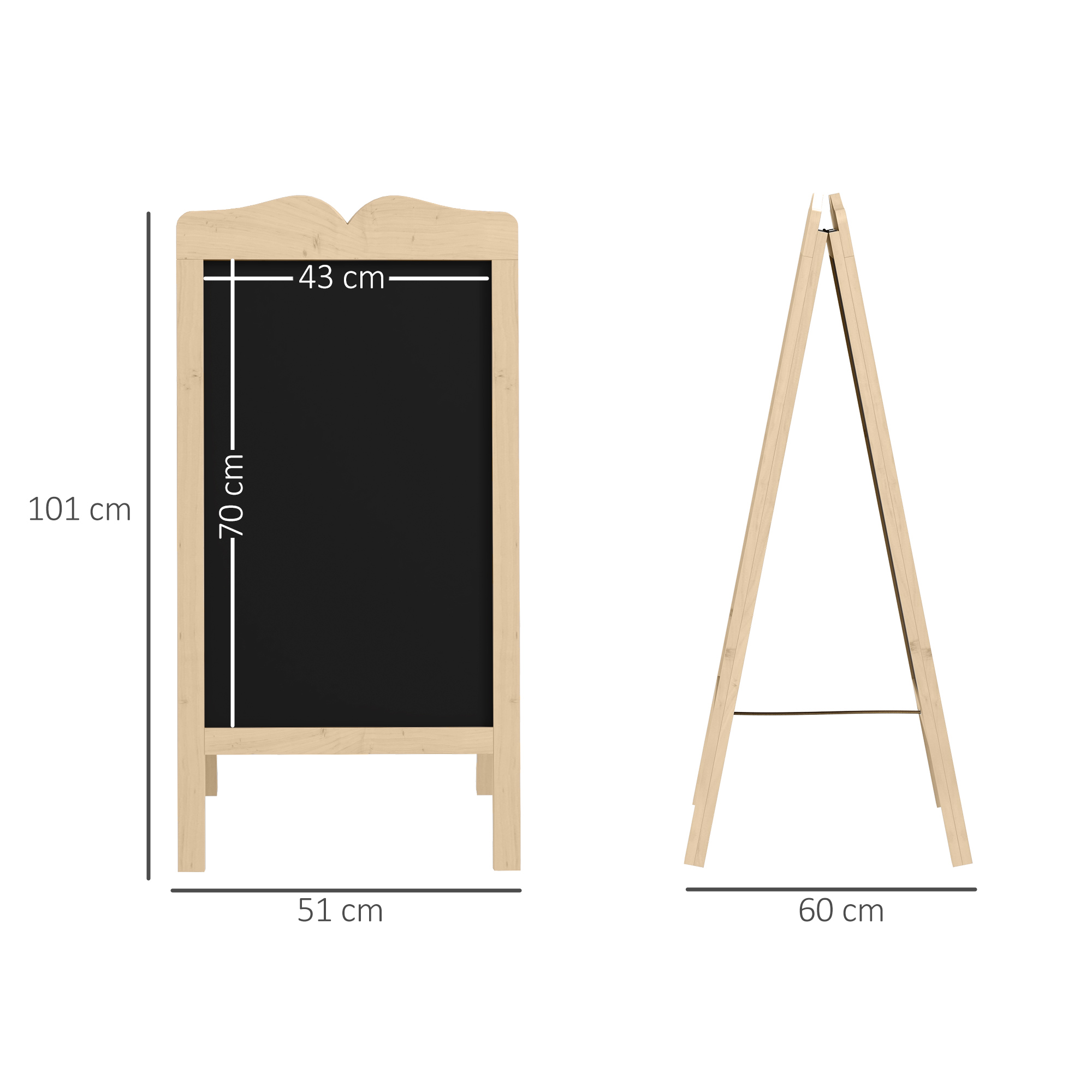 Diagrama de una pizarra de madera con medidas de alto, ancho y profundidad en blanco.