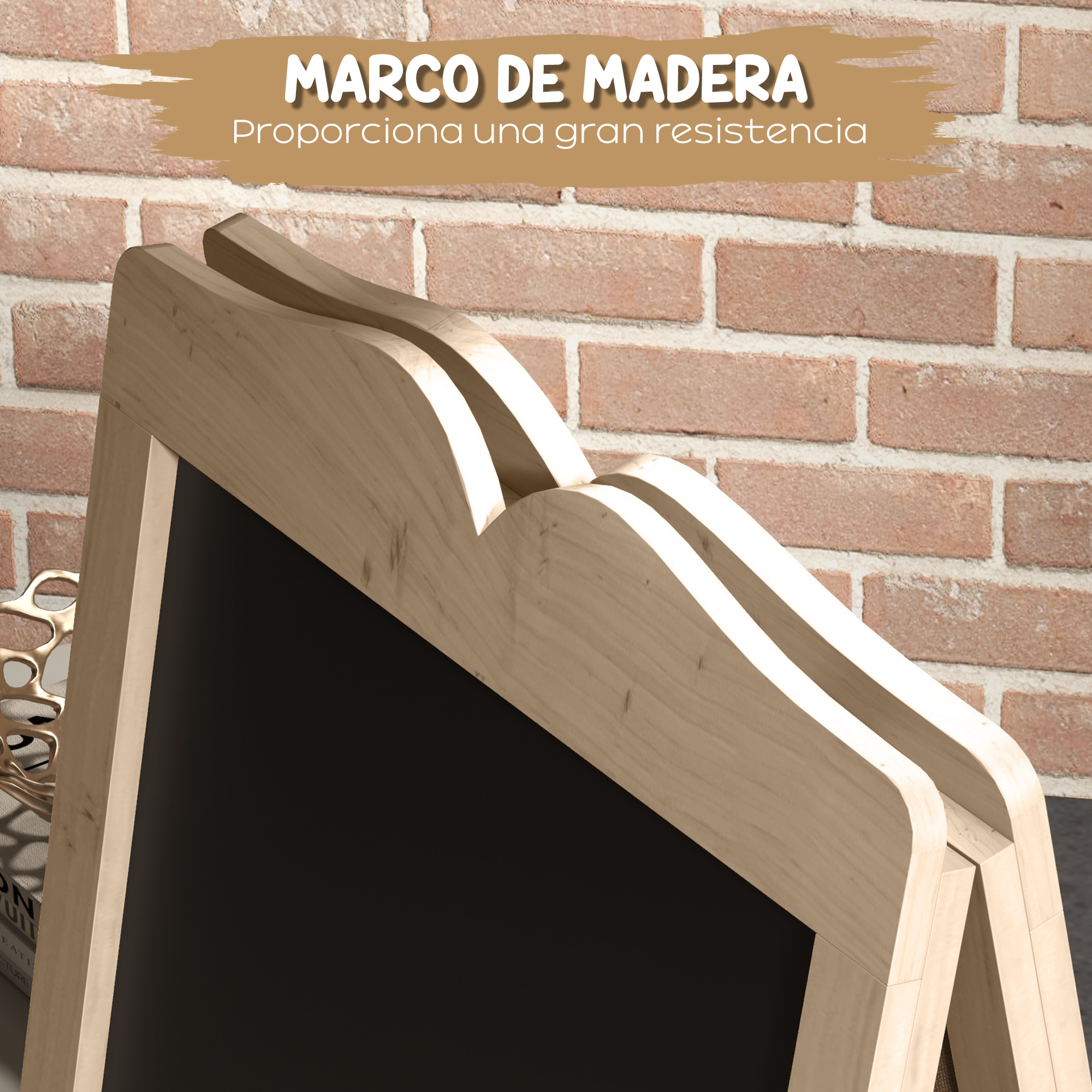 Marco de madera de una pequeña pizarra negra ante una pared de ladrillo rojo.
