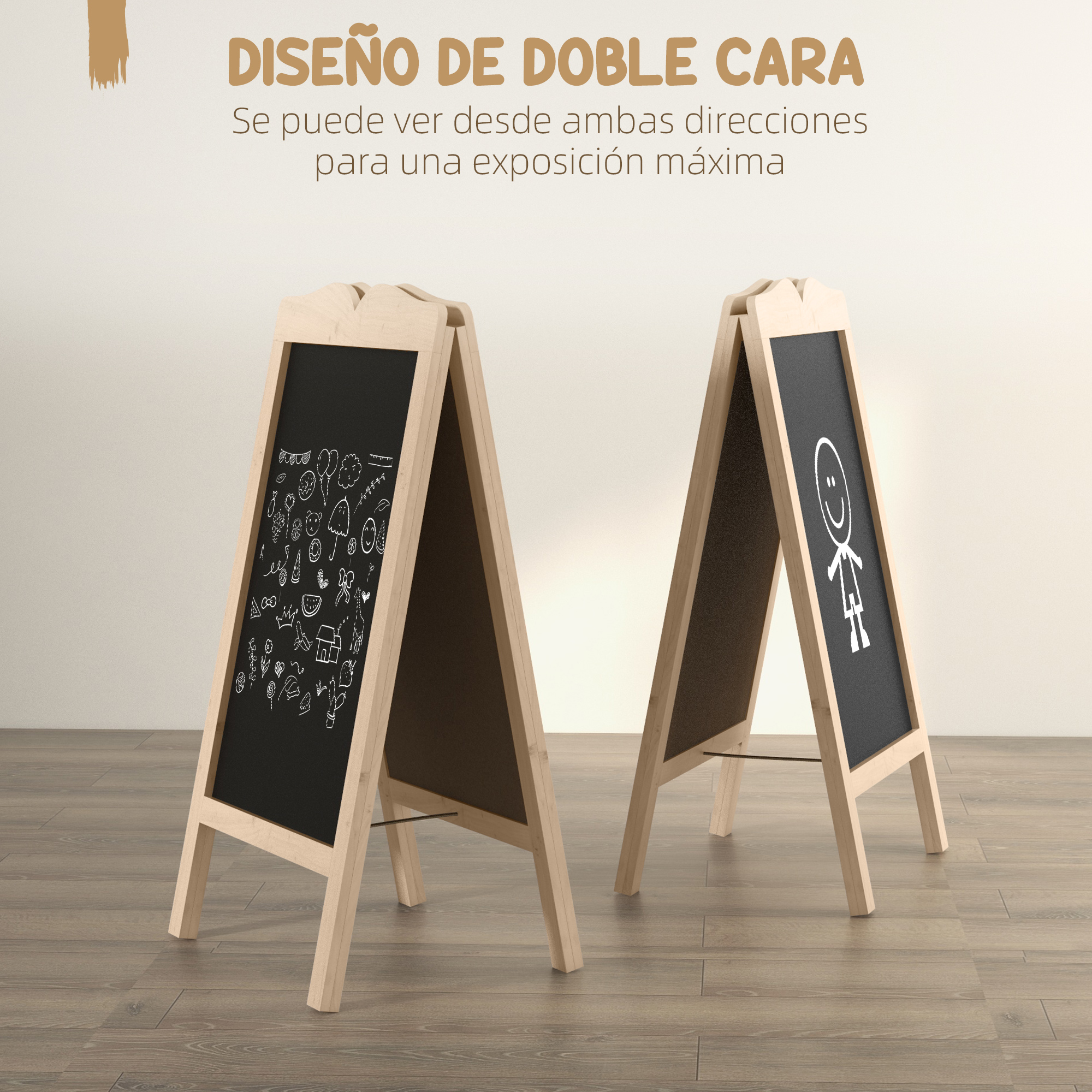 Dos pizarras de madera de doble cara sobre suelo de madera con dibujos de tiza.