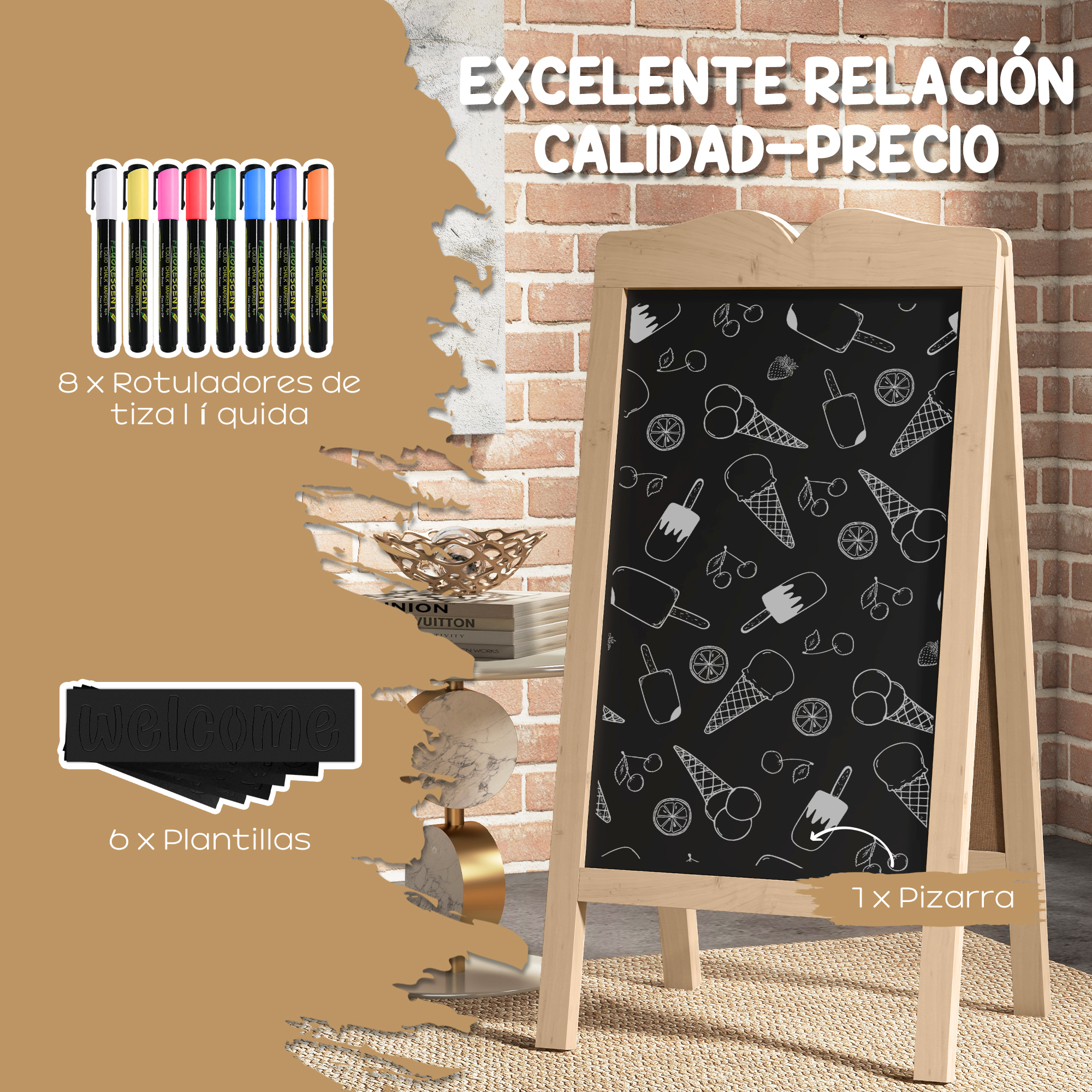 Una pizarra de madera con dibujos de helados, rotuladores de tiza líquida y plantillas.