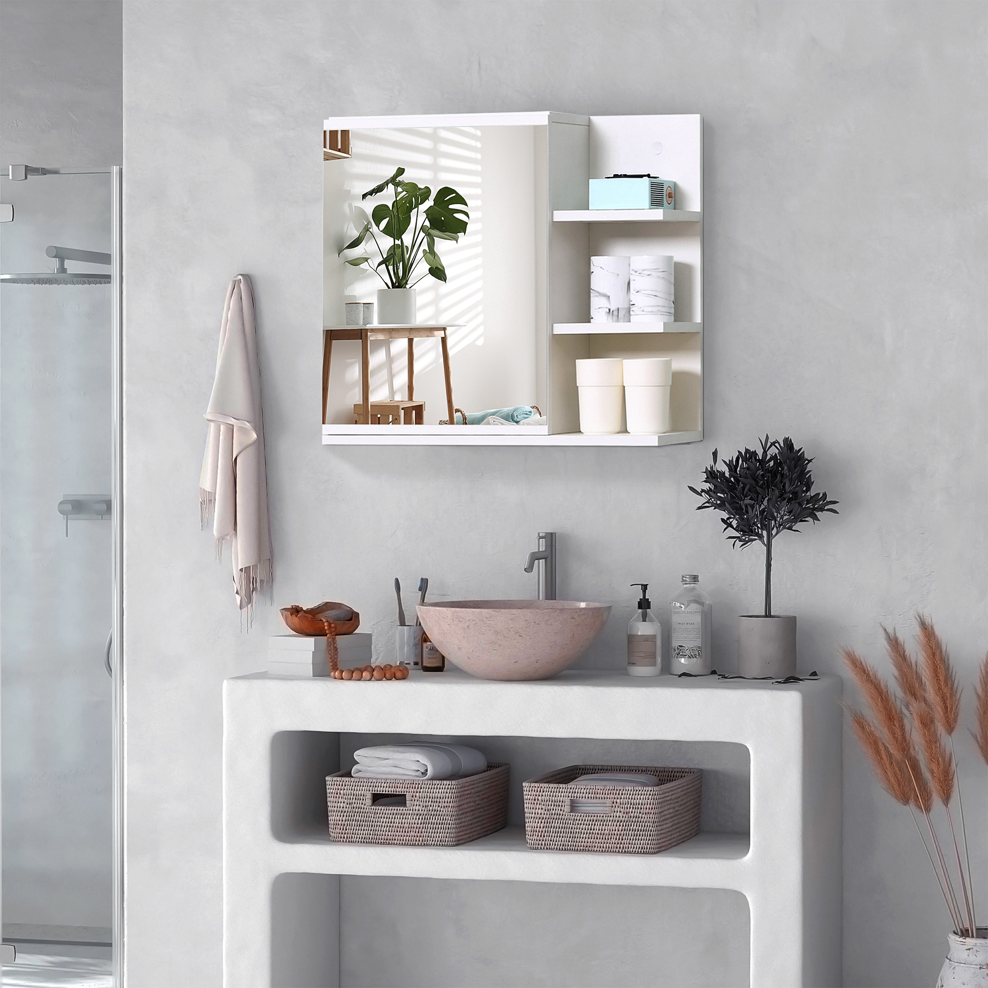 Baño blanco moderno con lavabo rosa, espejo con estantes y toallas en cestas de mimbre.
