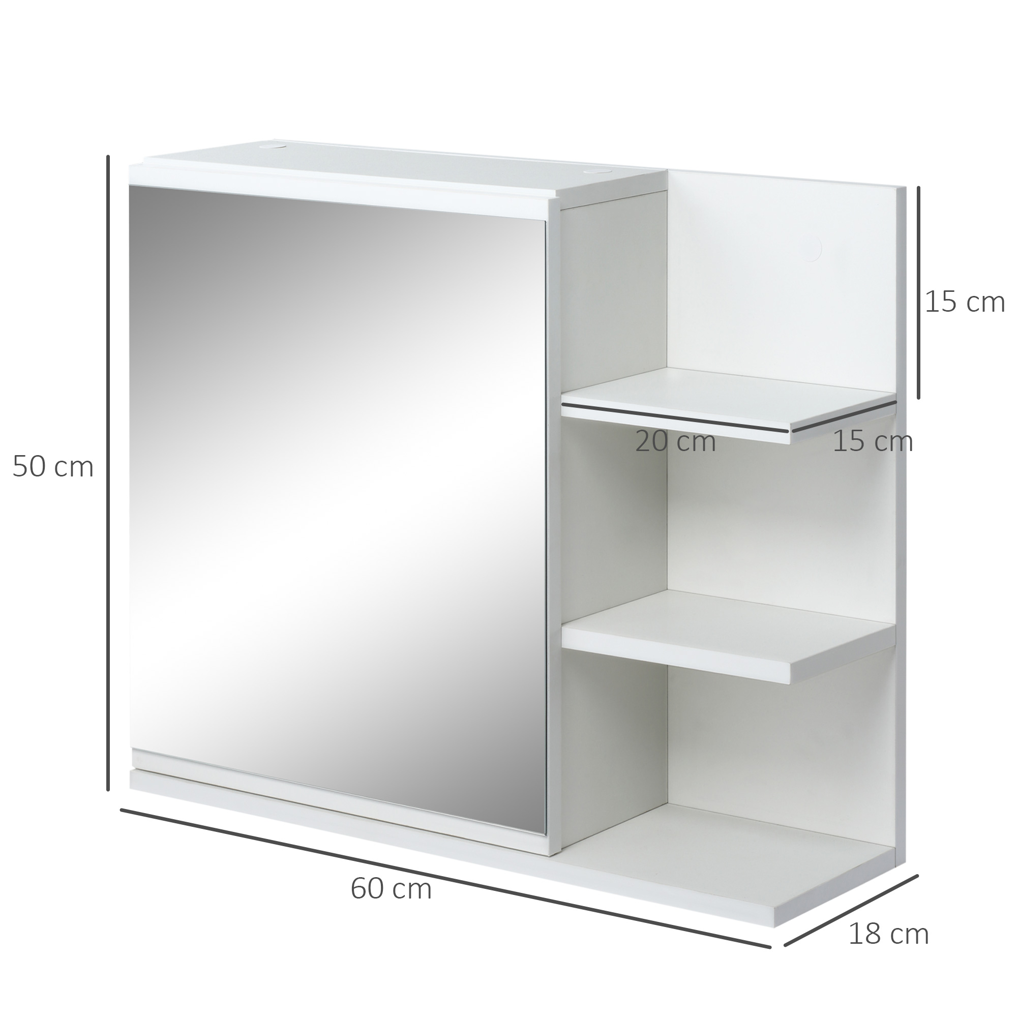 Armario de pared blanco con espejo y estantes abiertos, con dimensiones sobre fondo blanco.